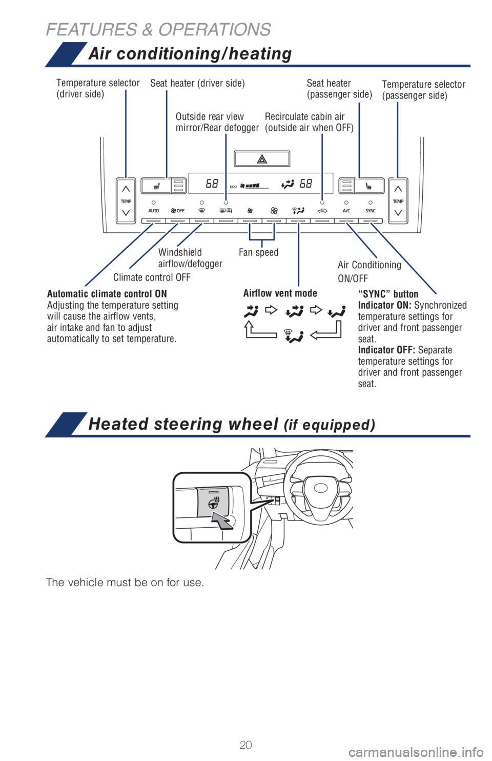 TOYOTA AVALON 2021   (in English) Owners Manual 20
Temperature selector 
(driver side)Seat heater (driver side) Seat heater  
(passenger side)
Windshield 
airflow/defogger
Air Conditioning 
ON/OFF Climate control OFFFan speed Outside rear view 
mir
