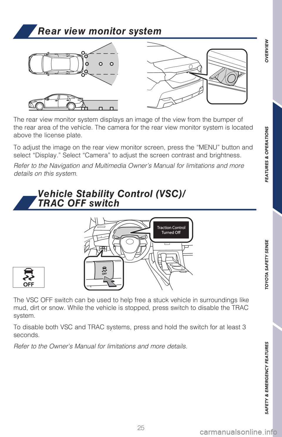 TOYOTA AVALON 2021  Owners Manual (in English) 25
OVERVIEW FEATURES & OPERATIONS TOYOTA SAFETY SENSE SAFETY & EMERGENCY FEATURES
Vehicle Stability Control (VSC)/ 
TRAC OFF switch
The VSC OFF switch can be used to help free a stuck vehicle in surro