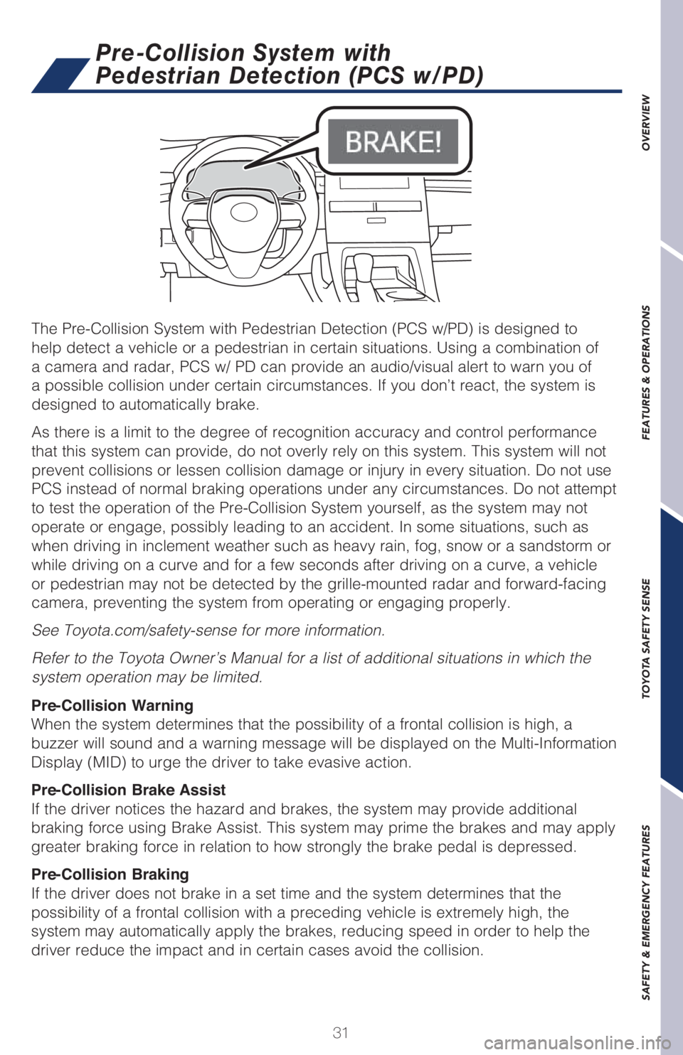 TOYOTA AVALON 2021  Owners Manual (in English) 31
OVERVIEW FEATURES & OPERATIONS TOYOTA SAFETY SENSE SAFETY & EMERGENCY FEATURES
�5�I�F��1�S�F��$�P�M�M�J�T�J�P�O��4�Z�T�U�F�N��X�J�U�I��1�F�E�F�T�U�S�J�B�O��%�F�U�F�D�U�J�P�O��	�1�$�4��X��1