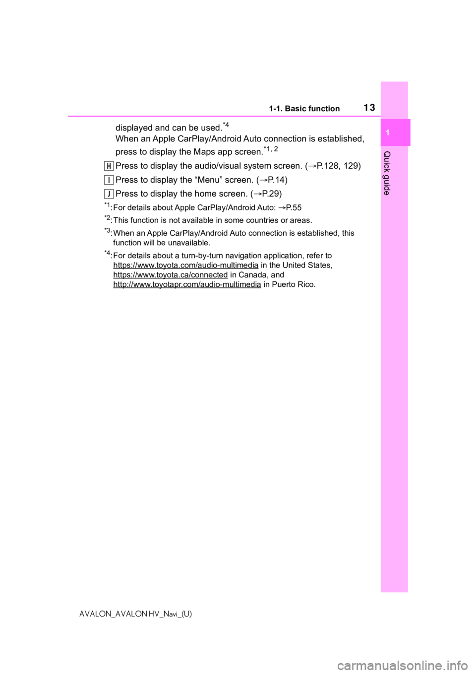 TOYOTA AVALON 2021  Accessories, Audio & Navigation (in English) 131-1. Basic function
1
Quick guide
AVALON_AVALON HV_Navi_(U)
displayed and can be used.*4
When an Apple CarPlay/Android Auto connection is established, 
press to display the Maps app screen.
*1, 2
Pr