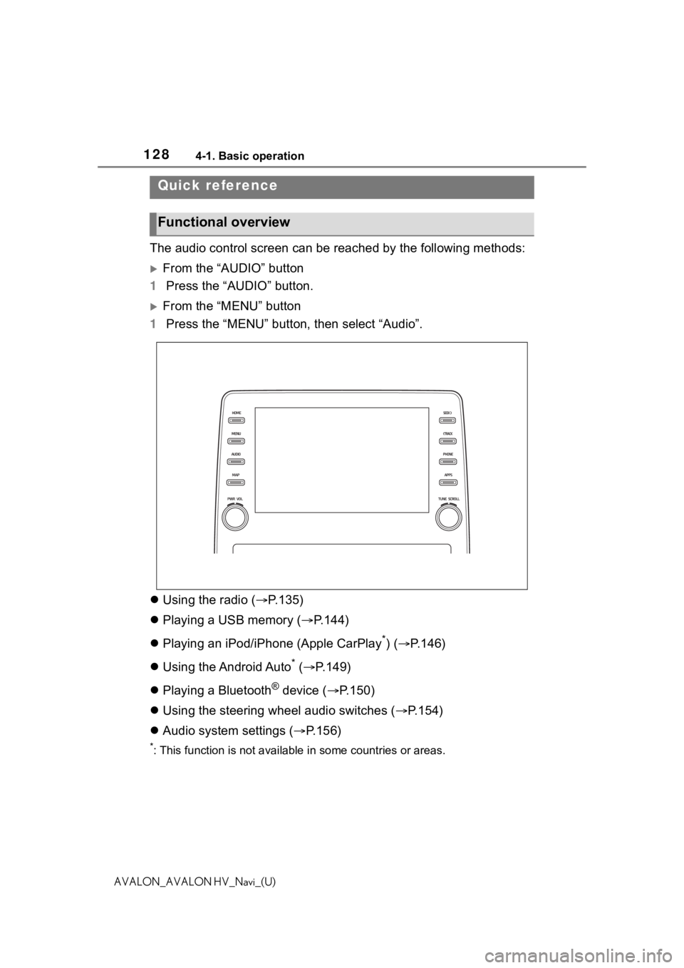 TOYOTA AVALON 2021 Accessories, Audio & Navigation (in English) 1284-1. Basic operation
AVALON_AVALON HV_Navi_(U)
4-1.Basic operation
The audio control screen can be reached by the following methods:
From the “AUDIO” button
1 Press the “AUDIO” button.
TOYOTA AVALON 2021 Accessories, Audio & Navigation (in English) 1284-1. Basic operation
AVALON_AVALON HV_Navi_(U)
4-1.Basic operation
The audio control screen can be reached by the following methods:
From the “AUDIO” button
1 Press the “AUDIO” button.