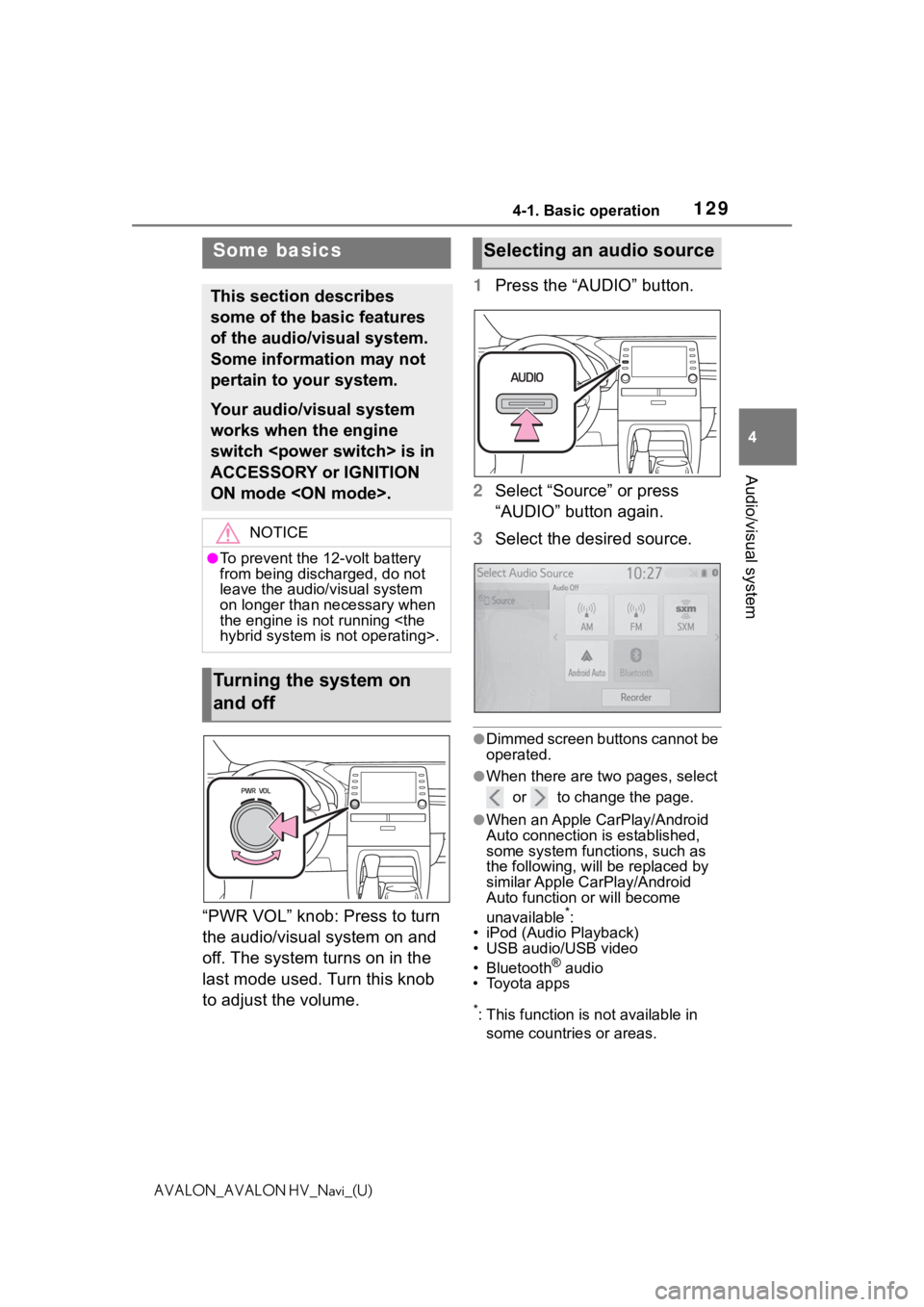 TOYOTA AVALON 2021  Accessories, Audio & Navigation (in English) 1294-1. Basic operation
4
Audio/visual system
AVALON_AVALON HV_Navi_(U)
“PWR VOL” knob: Press to turn 
the audio/visual system on and 
off. The system turns on in the 
last mode used. Turn this kn