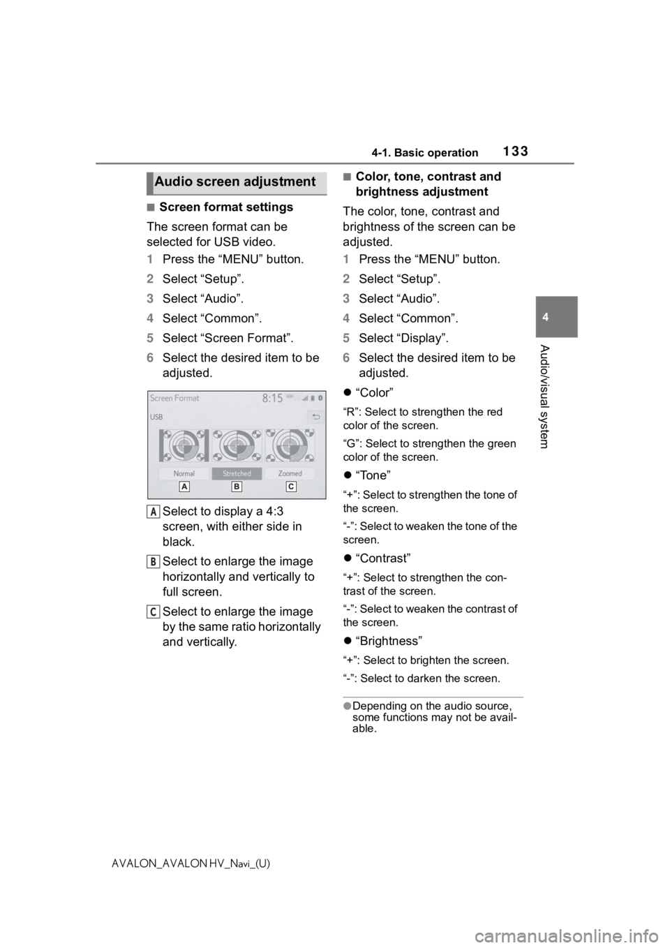 TOYOTA AVALON 2021 Accessories, Audio & Navigation (in English) 1334-1. Basic operation
4
Audio/visual system
AVALON_AVALON HV_Navi_(U)
■Screen format settings
The screen format can be
selected for USB video.
1 Press the “MENU” button.
2 Select “Setup”. TOYOTA AVALON 2021 Accessories, Audio & Navigation (in English) 1334-1. Basic operation
4
Audio/visual system
AVALON_AVALON HV_Navi_(U)
■Screen format settings
The screen format can be
selected for USB video.
1 Press the “MENU” button.
2 Select “Setup”.