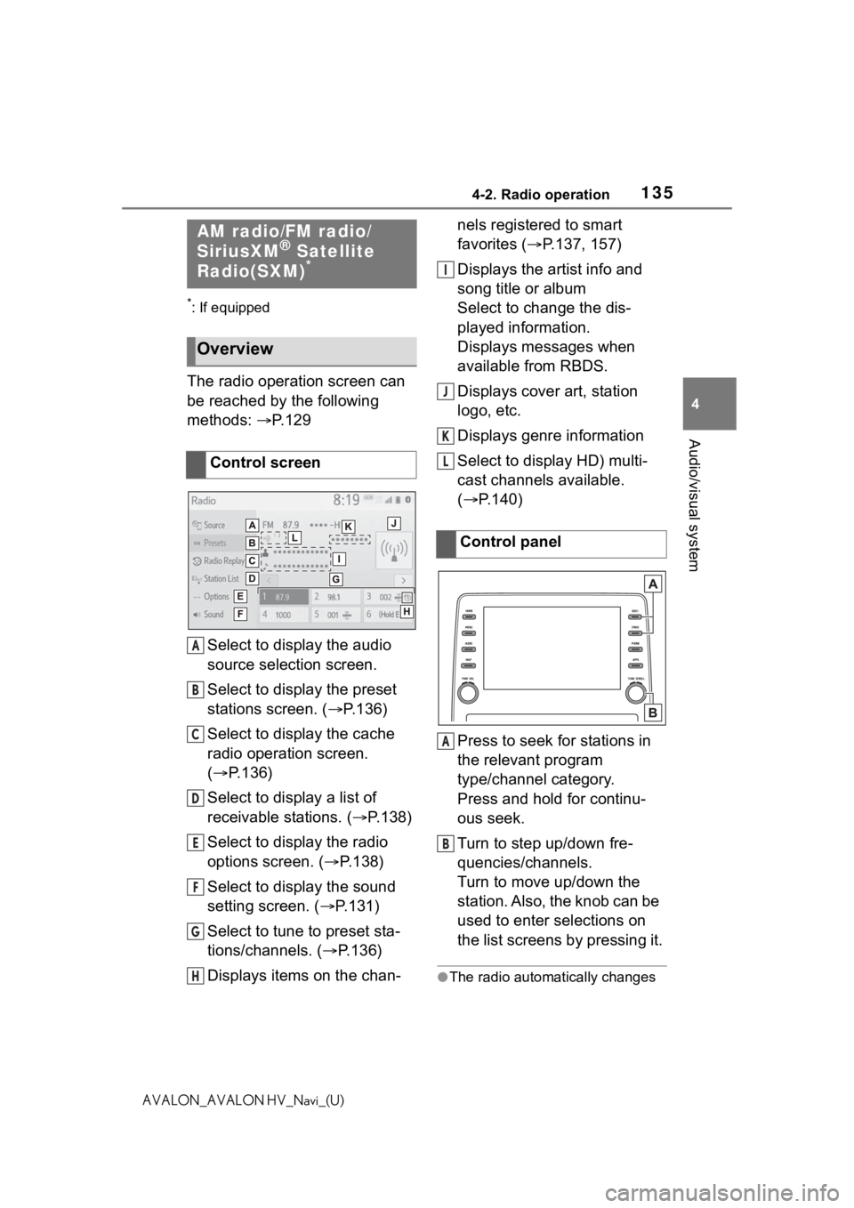 TOYOTA AVALON 2021 Accessories, Audio & Navigation (in English) 1354-2. Radio operation
4
Audio/visual system
AVALON_AVALON HV_Navi_(U)
4-2.Radio operation
*: If equipped
The radio operation screen can
be reached by the following
methods: P. 1 2 9
Select to d TOYOTA AVALON 2021 Accessories, Audio & Navigation (in English) 1354-2. Radio operation
4
Audio/visual system
AVALON_AVALON HV_Navi_(U)
4-2.Radio operation
*: If equipped
The radio operation screen can
be reached by the following
methods: P. 1 2 9
Select to d