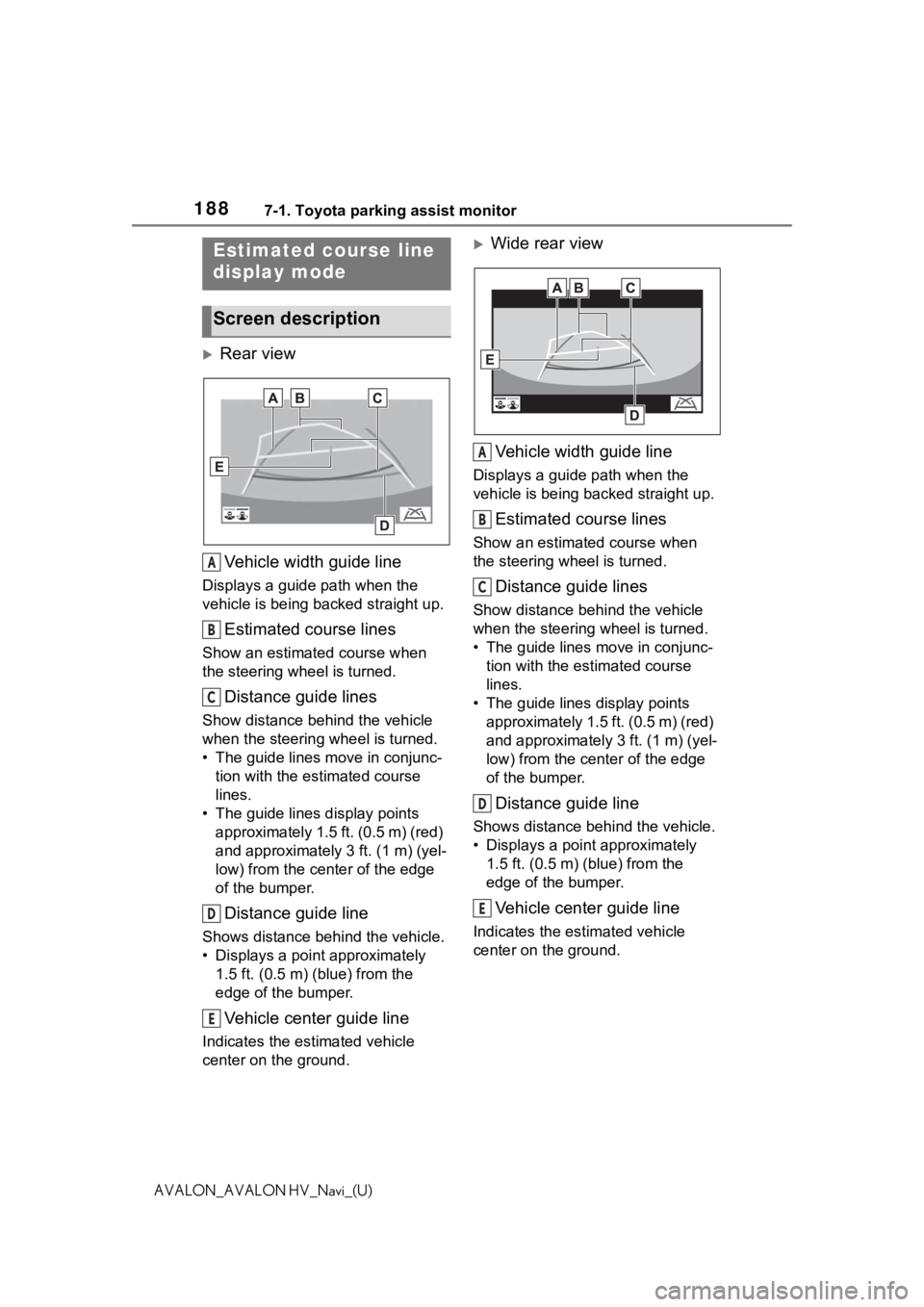 TOYOTA AVALON 2021 Accessories, Audio & Navigation (in English) 1887-1. Toyota parking assist monitor
AVALON_AVALON HV_Navi_(U)
Rear viewVehicle width guide line
Displays a guide path when the
vehicle is being b acked straight up.
Estimated course lines
Show TOYOTA AVALON 2021 Accessories, Audio & Navigation (in English) 1887-1. Toyota parking assist monitor
AVALON_AVALON HV_Navi_(U)
Rear viewVehicle width guide line
Displays a guide path when the
vehicle is being b acked straight up.
Estimated course lines
Show
