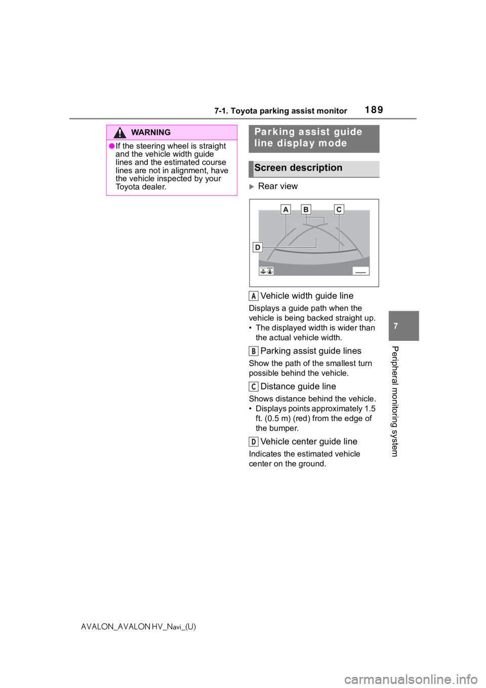 TOYOTA AVALON 2021  Accessories, Audio & Navigation (in English) 1897-1. Toyota parking assist monitor
7
Peripheral monitoring system
AVALON_AVALON HV_Navi_(U)
Rear viewVehicle width guide line
Displays a guide path when the 
vehicle is being backed straight up.