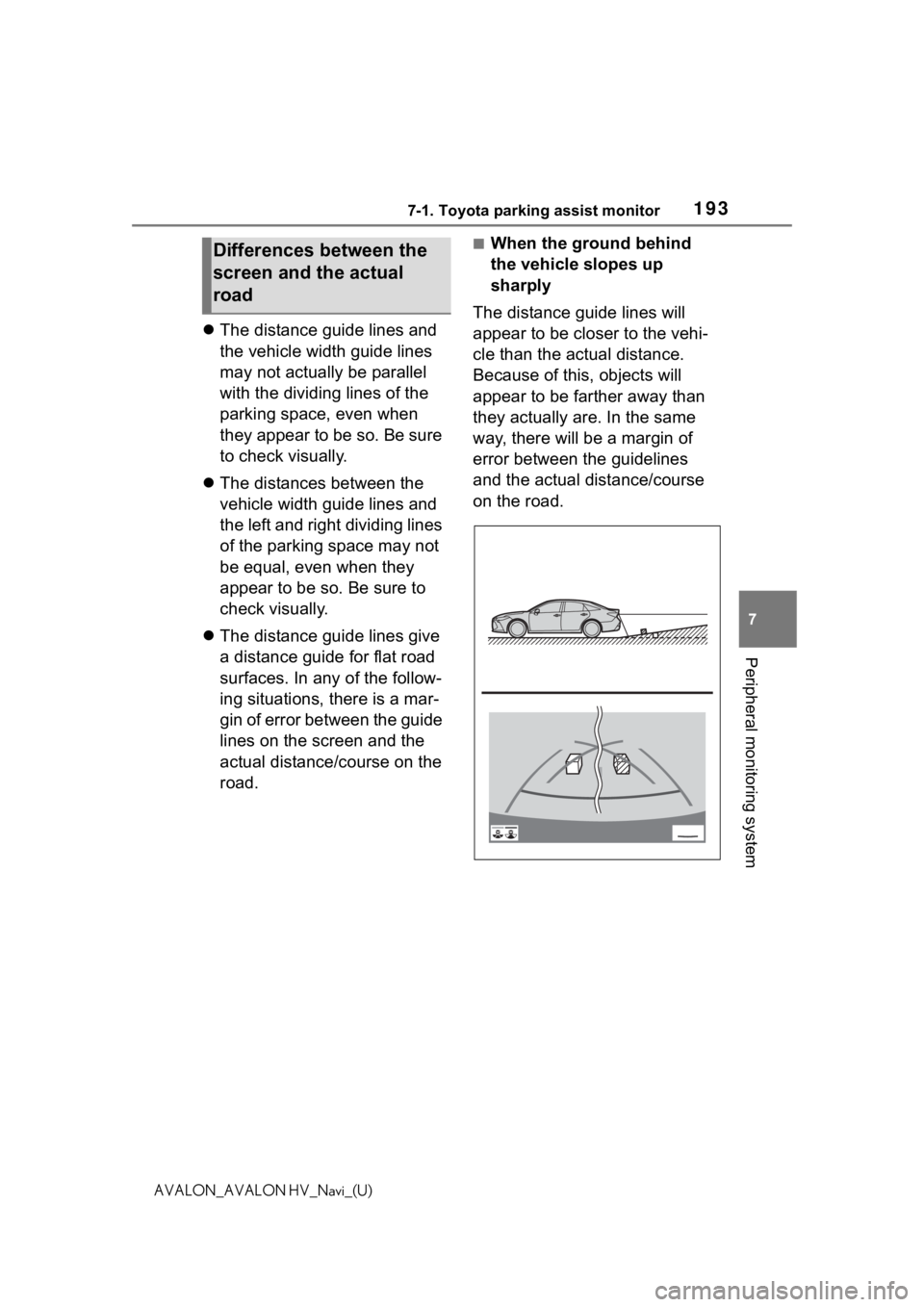 TOYOTA AVALON 2021 Accessories, Audio & Navigation (in English) 1937-1. Toyota parking assist monitor
7
Peripheral monitoring system
AVALON_AVALON HV_Navi_(U)
The distance guide lines and
the vehicle width guide lines
may not actually be parallel
with the di TOYOTA AVALON 2021 Accessories, Audio & Navigation (in English) 1937-1. Toyota parking assist monitor
7
Peripheral monitoring system
AVALON_AVALON HV_Navi_(U)
The distance guide lines and
the vehicle width guide lines
may not actually be parallel
with the di
