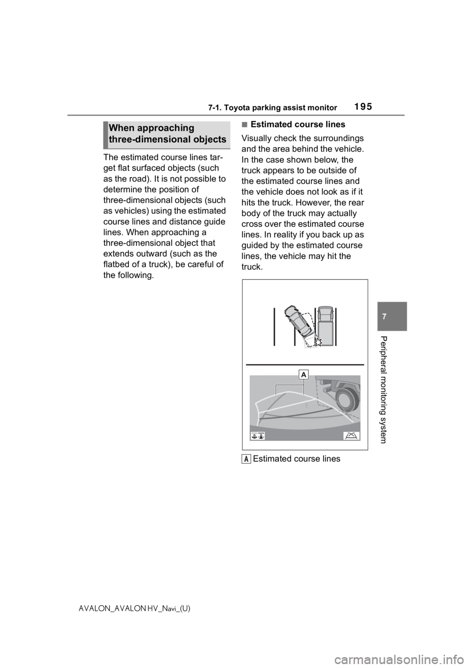 TOYOTA AVALON 2021  Accessories, Audio & Navigation (in English) 1957-1. Toyota parking assist monitor
7
Peripheral monitoring system
AVALON_AVALON HV_Navi_(U)
The estimated course lines tar-
get flat surfaced objects (such 
as the road). It is not possible to 
det