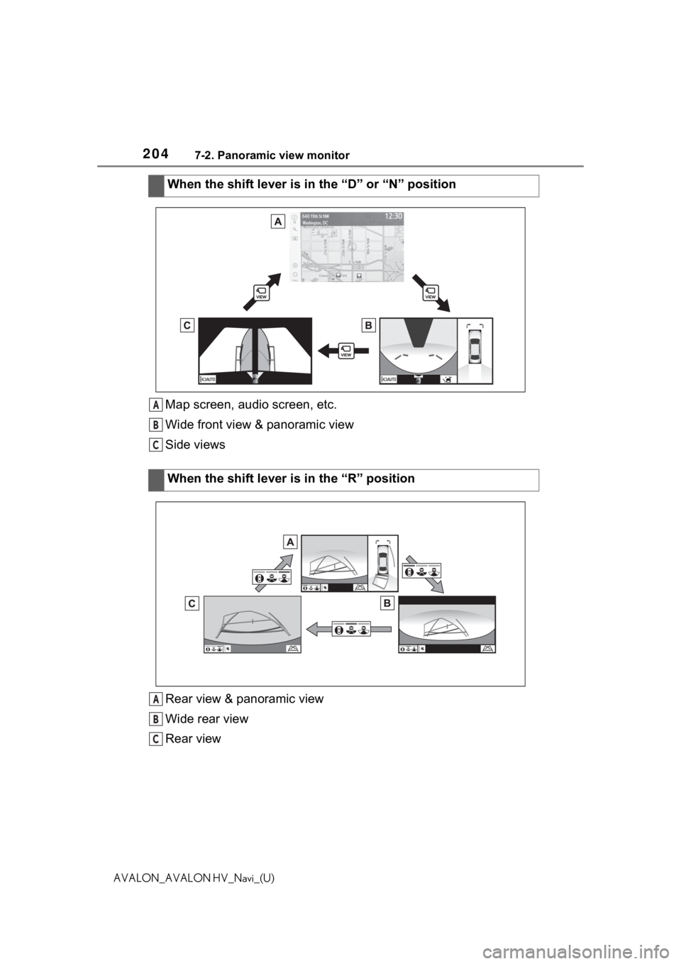 TOYOTA AVALON 2021 Accessories, Audio & Navigation (in English) 2047-2. Panoramic view monitor
AVALON_AVALON HV_Navi_(U)
Map screen, audio screen, etc.
Wide front view & panoramic view
Side views
Rear view & panoramic view
Wide rear view
Rear viewWhen the shift le TOYOTA AVALON 2021 Accessories, Audio & Navigation (in English) 2047-2. Panoramic view monitor
AVALON_AVALON HV_Navi_(U)
Map screen, audio screen, etc.
Wide front view & panoramic view
Side views
Rear view & panoramic view
Wide rear view
Rear viewWhen the shift le