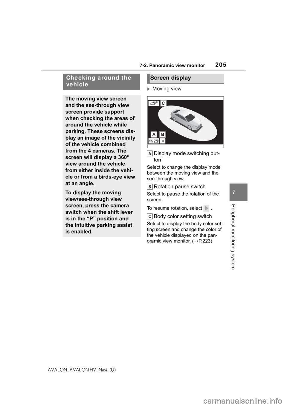 TOYOTA AVALON 2021 Accessories, Audio & Navigation (in English) 2057-2. Panoramic view monitor
7
Peripheral monitoring system
AVALON_AVALON HV_Navi_(U)
Moving viewDisplay mode switching but-
ton
Select to change the display mode
between the moving view and the TOYOTA AVALON 2021 Accessories, Audio & Navigation (in English) 2057-2. Panoramic view monitor
7
Peripheral monitoring system
AVALON_AVALON HV_Navi_(U)
Moving viewDisplay mode switching but-
ton
Select to change the display mode
between the moving view and the