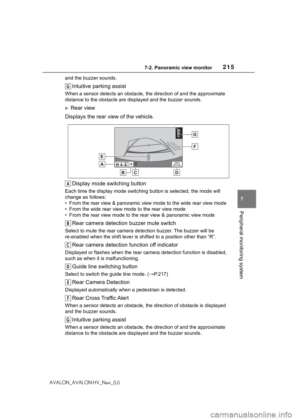 TOYOTA AVALON 2021 Accessories, Audio & Navigation (in English) 2157-2. Panoramic view monitor
7
Peripheral monitoring system
AVALON_AVALON HV_Navi_(U)and the buzzer sounds.
Intuitive parking assist
When a sensor detects an obstacle, the direction of and the app
r TOYOTA AVALON 2021 Accessories, Audio & Navigation (in English) 2157-2. Panoramic view monitor
7
Peripheral monitoring system
AVALON_AVALON HV_Navi_(U)and the buzzer sounds.
Intuitive parking assist
When a sensor detects an obstacle, the direction of and the app
r