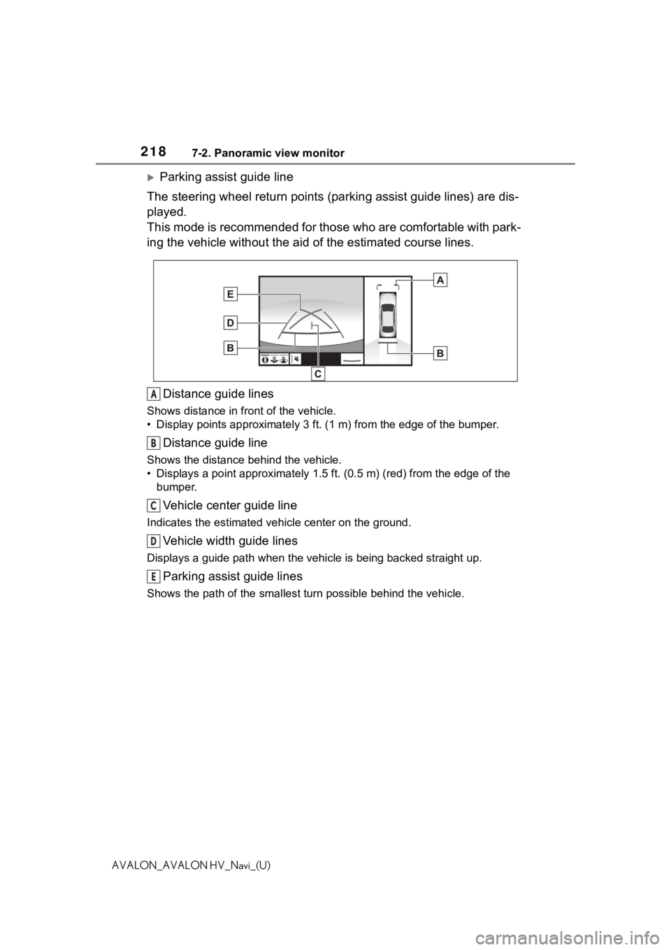 TOYOTA AVALON 2021 Accessories, Audio & Navigation (in English) 2187-2. Panoramic view monitor
AVALON_AVALON HV_Navi_(U)
Parking assist guide line
The steering wheel return points (parking assist guide lines) are dis-
played.
This mode is recommended for those TOYOTA AVALON 2021 Accessories, Audio & Navigation (in English) 2187-2. Panoramic view monitor
AVALON_AVALON HV_Navi_(U)
Parking assist guide line
The steering wheel return points (parking assist guide lines) are dis-
played.
This mode is recommended for those