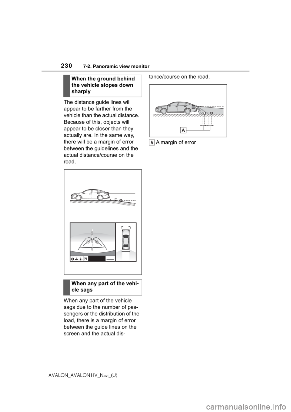 TOYOTA AVALON 2021 Accessories, Audio & Navigation (in English) 2307-2. Panoramic view monitor
AVALON_AVALON HV_Navi_(U)
The distance guide lines will
appear to be farther from the
vehicle than the actual distance.
Because of this, objects will
appear to be cl TOYOTA AVALON 2021 Accessories, Audio & Navigation (in English) 2307-2. Panoramic view monitor
AVALON_AVALON HV_Navi_(U)
The distance guide lines will
appear to be farther from the
vehicle than the actual distance.
Because of this, objects will
appear to be cl