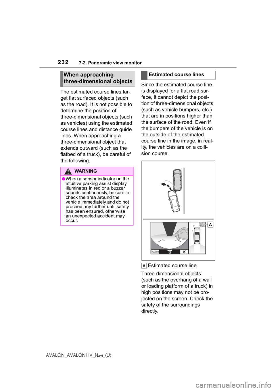 TOYOTA AVALON 2021 Accessories, Audio & Navigation (in English) 2327-2. Panoramic view monitor
AVALON_AVALON HV_Navi_(U)
The estimated course lines tar-
get flat surfaced objects (such
as the road). It is not possible to
determine the position of
three-dimensio TOYOTA AVALON 2021 Accessories, Audio & Navigation (in English) 2327-2. Panoramic view monitor
AVALON_AVALON HV_Navi_(U)
The estimated course lines tar-
get flat surfaced objects (such
as the road). It is not possible to
determine the position of
three-dimensio