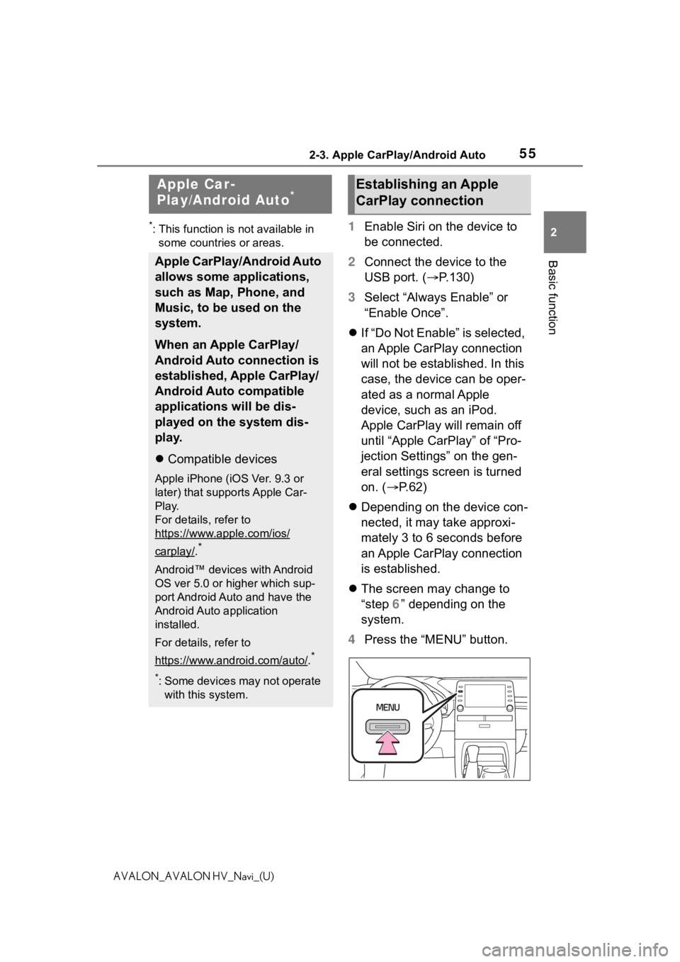 TOYOTA AVALON 2021  Accessories, Audio & Navigation (in English) 552-3. Apple CarPlay/Android Auto
2
Basic function
AVALON_AVALON HV_Navi_(U)
2-3.Apple CarPlay/Android Auto
*: This function is not available in some countries or areas.1 Enable Siri on the device to 