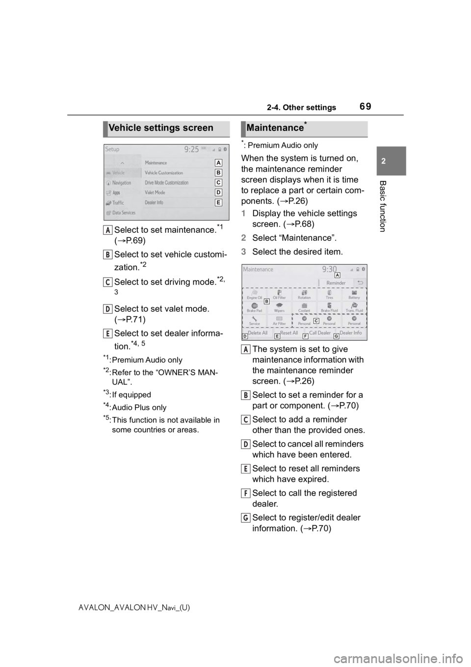 TOYOTA AVALON 2021 Accessories, Audio & Navigation (in English) 692-4. Other settings
2
Basic function
AVALON_AVALON HV_Navi_(U)
Select to set maintenance.*1
( P. 6 9 )
Select to set vehicle customi-
zation.
*2
Select to set driving mode.*2,
3
Select to set v TOYOTA AVALON 2021 Accessories, Audio & Navigation (in English) 692-4. Other settings
2
Basic function
AVALON_AVALON HV_Navi_(U)
Select to set maintenance.*1
( P. 6 9 )
Select to set vehicle customi-
zation.
*2
Select to set driving mode.*2,
3
Select to set v