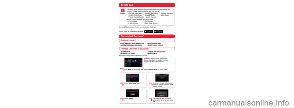 TOYOTA AVALON 2021  Accessories, Audio & Navigation (in English) STEP
4
Link your 2010 or newer vehicle to 
your account  by (a) scanning the 
vehicle identification number (VIN) 
with your smartphone camera or 
(b) manually entering the VIN, then 
tapping Add Vehi