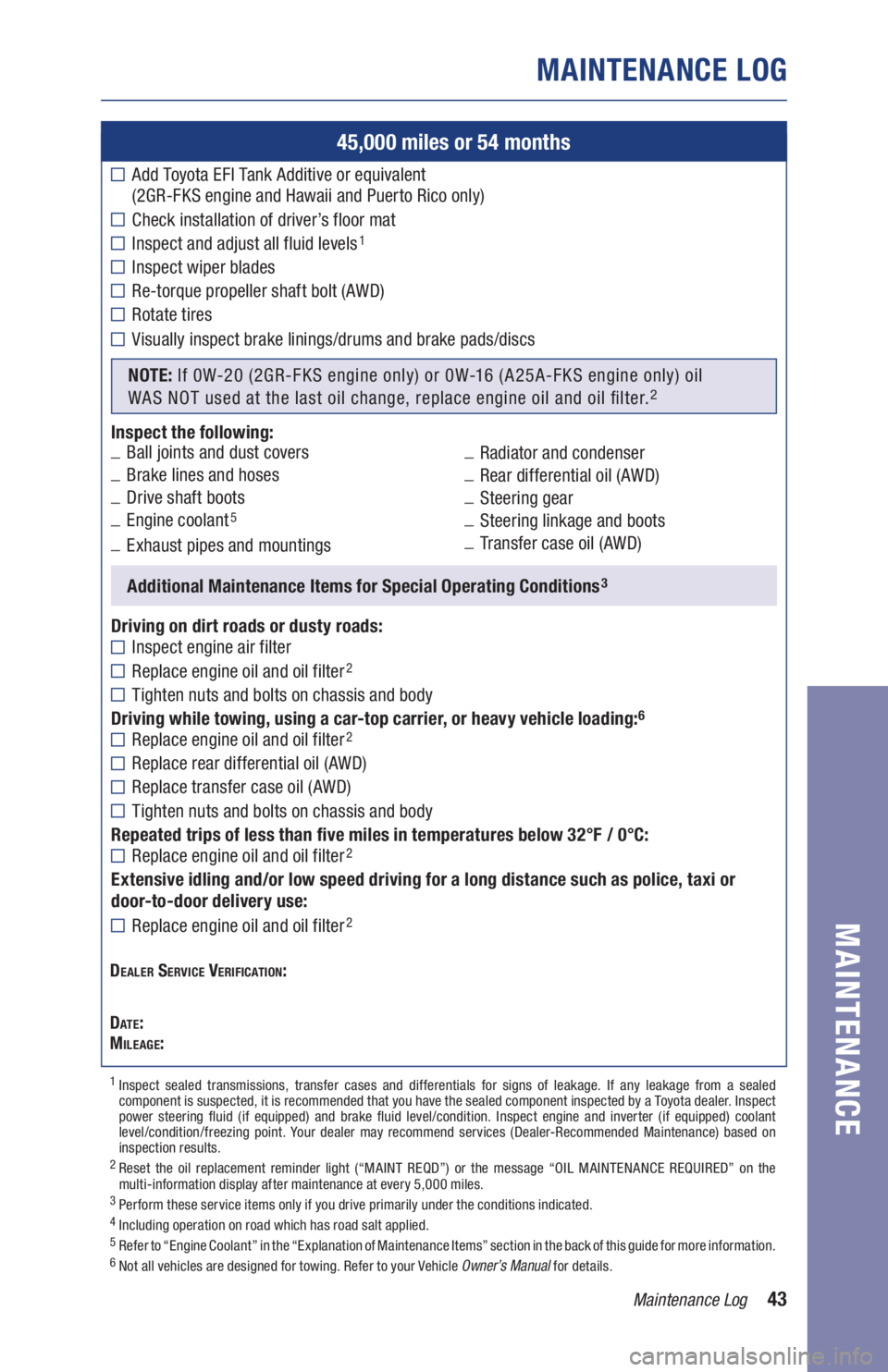 TOYOTA AVALON 2021 Warranties & Maintenance Guides (in English) 43Maintenance Log
45,000 miles or 54 months
Add Toyota EFI Tank Additive or equivalent
(2GR-FKS engine and Hawaii and Puerto Rico only)
Check installation of driver’s floor mat
Inspect and adjust TOYOTA AVALON 2021 Warranties & Maintenance Guides (in English) 43Maintenance Log
45,000 miles or 54 months
Add Toyota EFI Tank Additive or equivalent
(2GR-FKS engine and Hawaii and Puerto Rico only)
Check installation of driver’s floor mat
Inspect and adjust