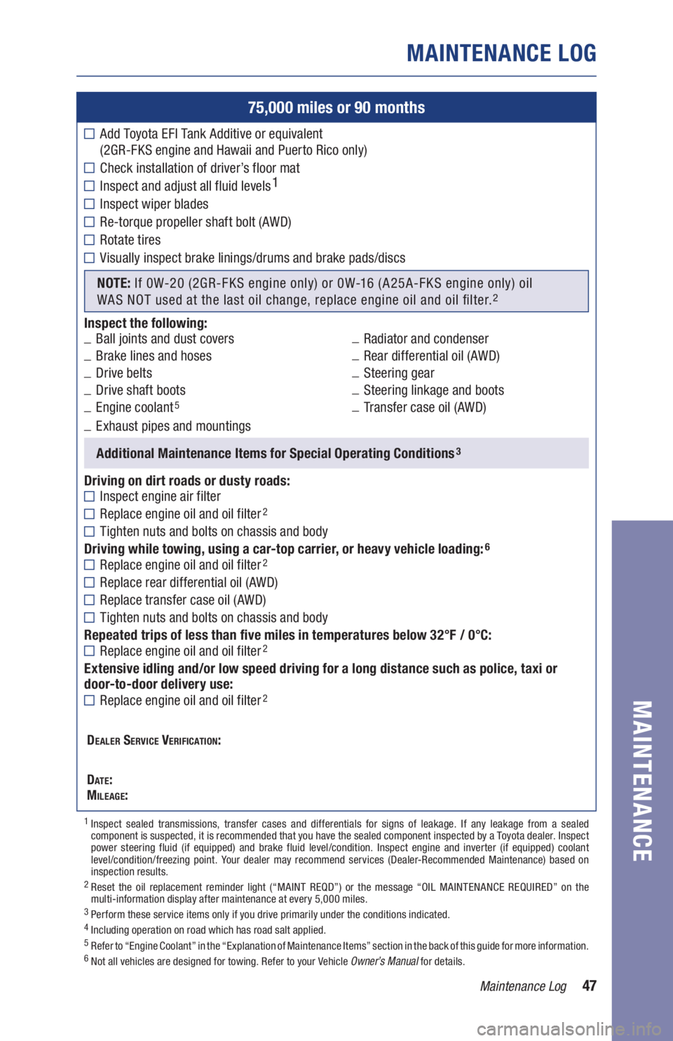 TOYOTA AVALON 2021 Warranties & Maintenance Guides (in English) 47Maintenance Log
MAINTENANCE LOG
MAINTENANCE
75,000 miles or 90 months
Add Toyota EFI Tank Additive or equivalent
(2GR-FKS engine and Hawaii and Puerto Rico only)
Check installation of driver’s TOYOTA AVALON 2021 Warranties & Maintenance Guides (in English) 47Maintenance Log
MAINTENANCE LOG
MAINTENANCE
75,000 miles or 90 months
Add Toyota EFI Tank Additive or equivalent
(2GR-FKS engine and Hawaii and Puerto Rico only)
Check installation of driver’s