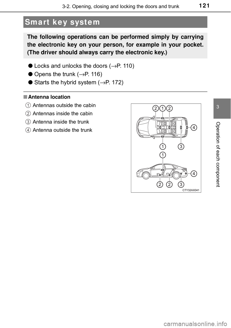 TOYOTA AVALON HYBRID 2018 Owners Manual (in English) 1213-2. Opening, closing and locking the doors and trunk
3
Operation of each component
●Locks and unlocks the doors ( →P. 1 1 0 )
● Opens the trunk ( →P. 1 1 6 )
● Starts the hybrid system TOYOTA AVALON HYBRID 2018 Owners Manual (in English) 1213-2. Opening, closing and locking the doors and trunk
3
Operation of each component
●Locks and unlocks the doors ( →P. 1 1 0 )
● Opens the trunk ( →P. 1 1 6 )
● Starts the hybrid system