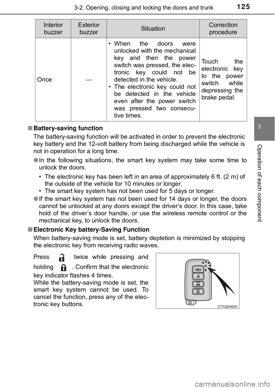 TOYOTA AVALON HYBRID 2018 Owners Manual (in English) 1253-2. Opening, closing and locking the doors and trunk
3
Operation of each component
■Battery-saving function
The battery-saving function will be activated in order to prevent the electronic
key b TOYOTA AVALON HYBRID 2018 Owners Manual (in English) 1253-2. Opening, closing and locking the doors and trunk
3
Operation of each component
■Battery-saving function
The battery-saving function will be activated in order to prevent the electronic
key b