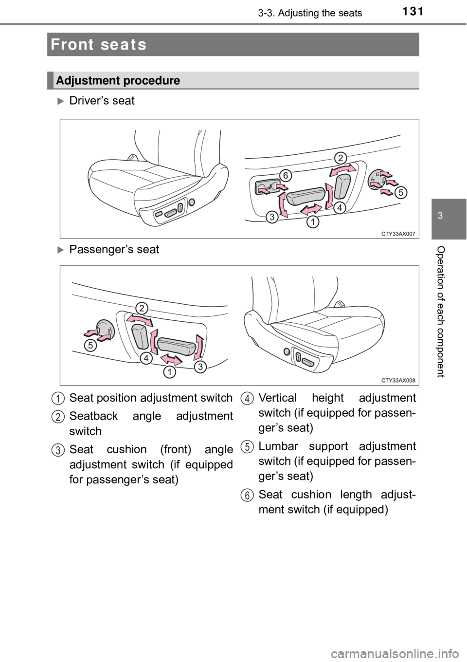 TOYOTA AVALON HYBRID 2018 Owners Manual (in English) 131
3
Operation of each component
3-3. Adjusting the seats
Driver’s seat
Front seats
Adjustment procedure
Passenger’s seat
Seat position adjustment switch
Seatback angle adjustment
switch
Se TOYOTA AVALON HYBRID 2018 Owners Manual (in English) 131
3
Operation of each component
3-3. Adjusting the seats
Driver’s seat
Front seats
Adjustment procedure
Passenger’s seat
Seat position adjustment switch
Seatback angle adjustment
switch
Se