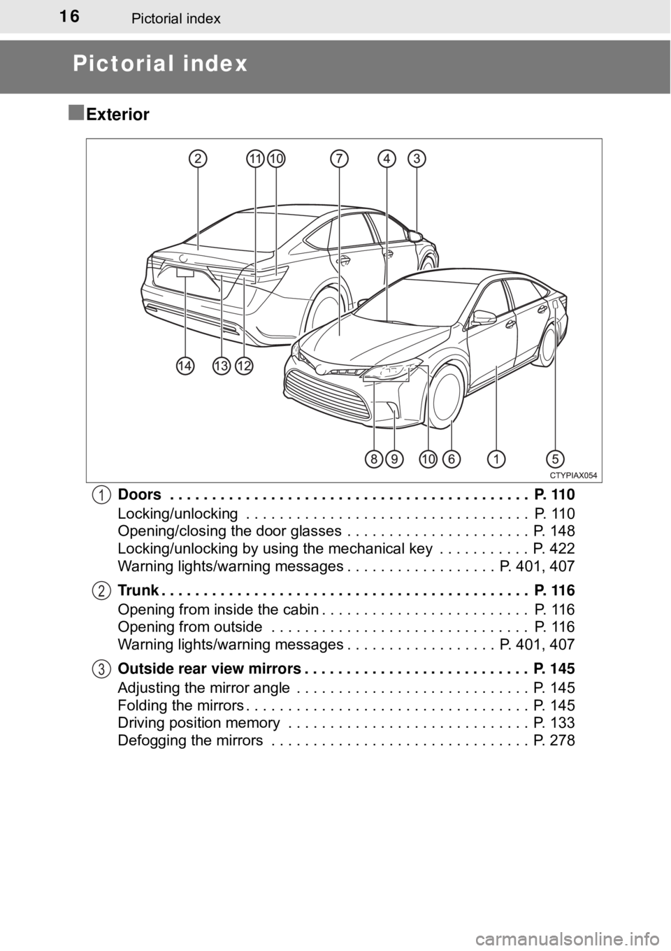 TOYOTA AVALON HYBRID 2018  Owners Manual (in English) 16Pictorial index
Pictorial index
■
Exterior
Doors  . . . . . . . . . . . . . . . . . . . . . . . . . . . . . . . . . . . . . . . . . . .  P. 110
Locking/unlocking  . . . . . . . . . . . . . . . . .