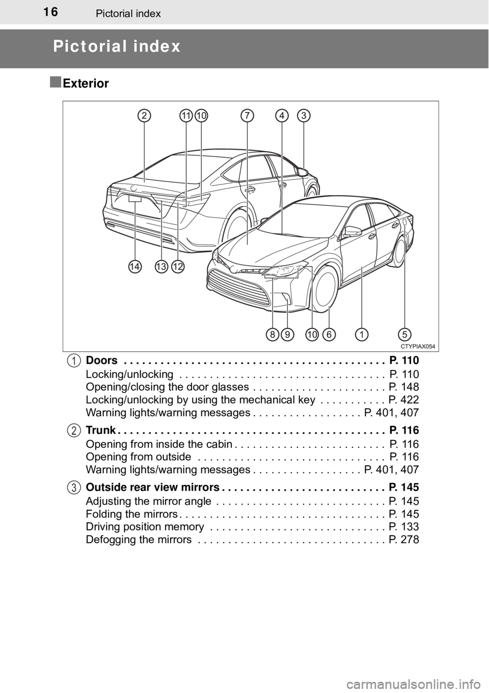 TOYOTA AVALON HYBRID 2018 (in English) User Guide 16Pictorial index
Pictorial index
■
Exterior
Doors . . . . . . . . . . . . . . . . . . . . . . . . . . . . . . . . . . . . . . . . . . . P. 110
Locking/unlocking . . . . . . . . . . . . . . . . . TOYOTA AVALON HYBRID 2018 (in English) User Guide 16Pictorial index
Pictorial index
■
Exterior
Doors . . . . . . . . . . . . . . . . . . . . . . . . . . . . . . . . . . . . . . . . . . . P. 110
Locking/unlocking . . . . . . . . . . . . . . . . .