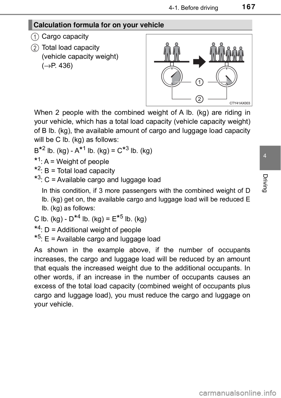 TOYOTA AVALON HYBRID 2018 Owners Manual (in English) 1674-1. Before driving
4
Driving
Cargo capacity
Total load capacity
(vehicle capacity weight)
(→ P. 436)
When 2 people with the combined weight of A lb. (kg) are riding in
your vehicle, which has TOYOTA AVALON HYBRID 2018 Owners Manual (in English) 1674-1. Before driving
4
Driving
Cargo capacity
Total load capacity
(vehicle capacity weight)
(→ P. 436)
When 2 people with the combined weight of A lb. (kg) are riding in
your vehicle, which has