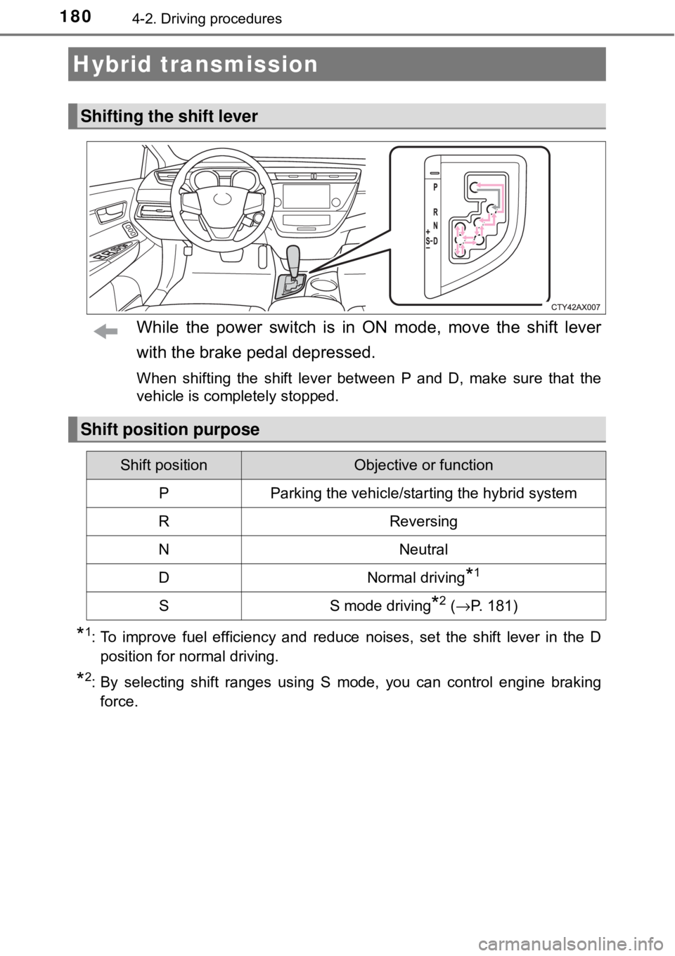 TOYOTA AVALON HYBRID 2018 Owners Manual (in English) 1804-2. Driving procedures
While the power switch is in ON mode, move the shift lever
with the brake pedal depressed.
When shifting the shift lever between P and D, make sure that the
vehicle is compl TOYOTA AVALON HYBRID 2018 Owners Manual (in English) 1804-2. Driving procedures
While the power switch is in ON mode, move the shift lever
with the brake pedal depressed.
When shifting the shift lever between P and D, make sure that the
vehicle is compl