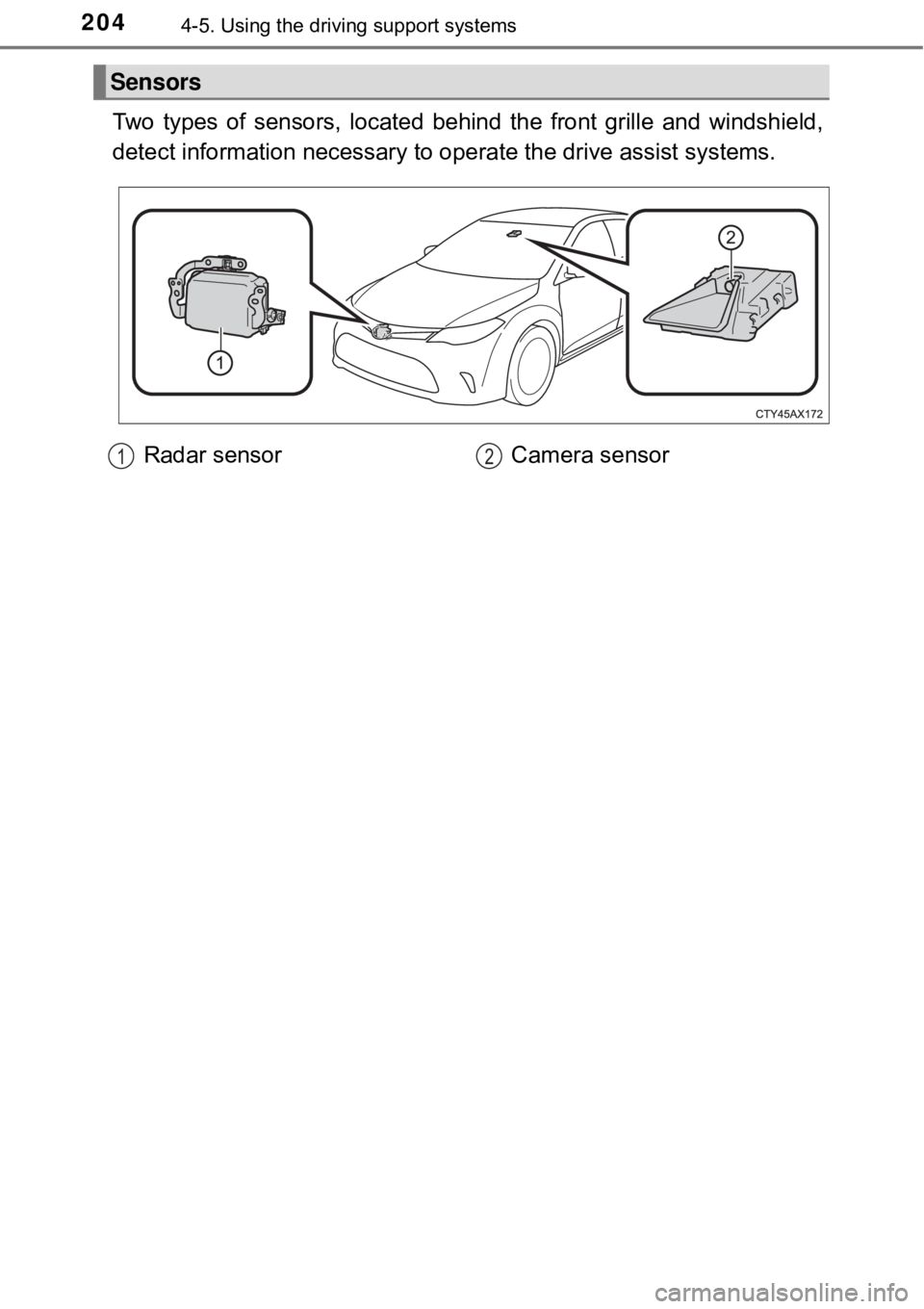 TOYOTA AVALON HYBRID 2018 Owners Manual (in English) 2044-5. Using the driving support systems
Two types of sensors, located behin d the front grille and windshield,
detect information necessary to operate the drive assist systems.
Sensors
Radar sensor TOYOTA AVALON HYBRID 2018 Owners Manual (in English) 2044-5. Using the driving support systems
Two types of sensors, located behin d the front grille and windshield,
detect information necessary to operate the drive assist systems.
Sensors
Radar sensor
