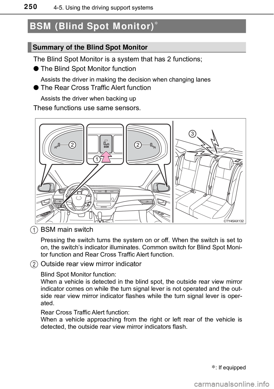 TOYOTA AVALON HYBRID 2018 Owners Manual (in English) 2504-5. Using the driving support systems
The Blind Spot Monitor is a system that has 2 functions;
● The Blind Spot Monitor function
Assists the driver in making the decision when changing lanes
TOYOTA AVALON HYBRID 2018 Owners Manual (in English) 2504-5. Using the driving support systems
The Blind Spot Monitor is a system that has 2 functions;
● The Blind Spot Monitor function
Assists the driver in making the decision when changing lanes