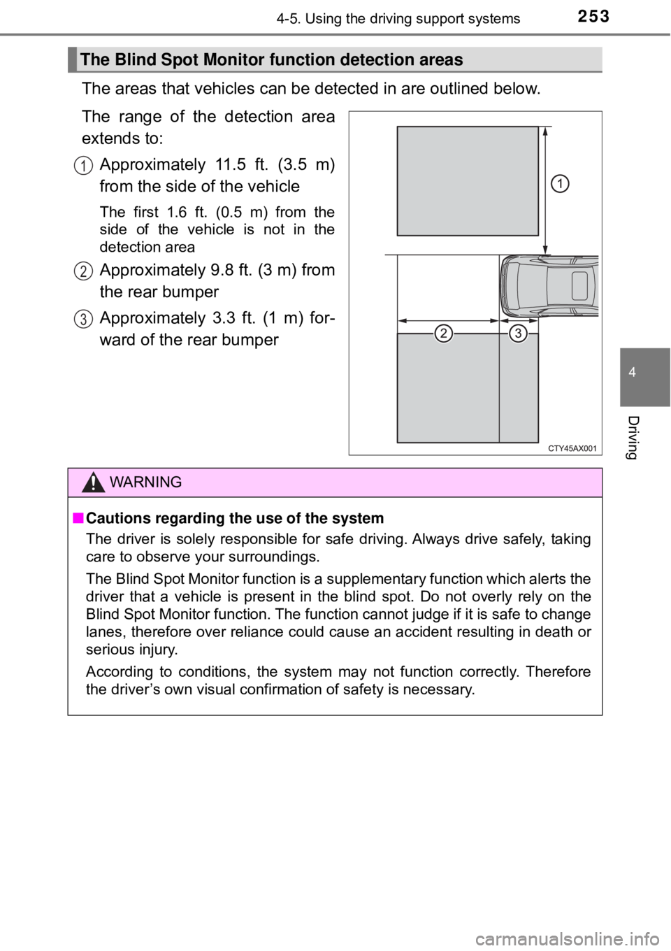 TOYOTA AVALON HYBRID 2018 Owners Manual (in English) 2534-5. Using the driving support systems
4
Driving
The areas that vehicles can be detected in are outlined below.
The range of the detection area
extends to: Approximately 11.5 ft. (3.5 m)
from the s TOYOTA AVALON HYBRID 2018 Owners Manual (in English) 2534-5. Using the driving support systems
4
Driving
The areas that vehicles can be detected in are outlined below.
The range of the detection area
extends to: Approximately 11.5 ft. (3.5 m)
from the s