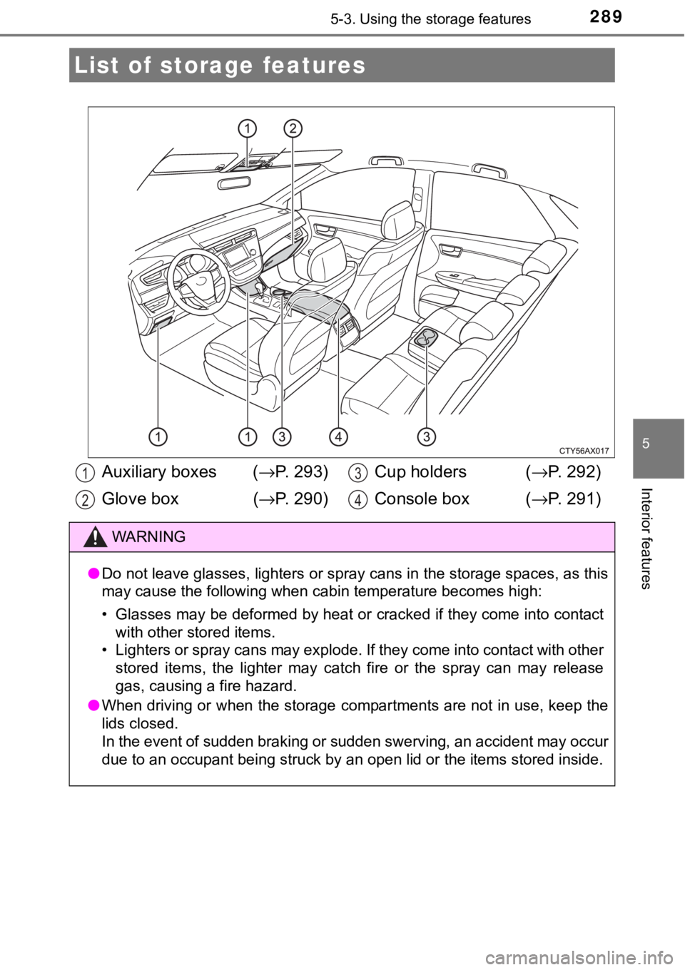 TOYOTA AVALON HYBRID 2018  Owners Manual (in English) 289
5
Interior features
5-3. Using the storage features
List of storage features
Auxiliary boxes  (→P. 293)
Glove box  ( →P. 290) Cup holders  (
→P. 292)
Console box  ( →P. 291)
WARNING
●Do 