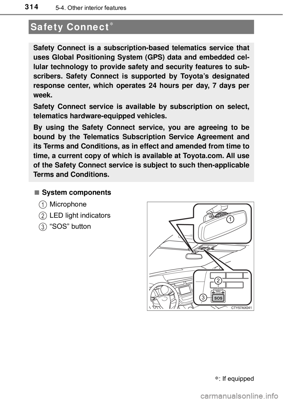TOYOTA AVALON HYBRID 2018 Owners Manual (in English) 3145-4. Other interior features
■System componentsMicrophone
LED light indicators
“SOS” button
Safety Connect∗
∗: If equipped
Safety Connect is a subscripti on-based telematics service that
TOYOTA AVALON HYBRID 2018 Owners Manual (in English) 3145-4. Other interior features
■System componentsMicrophone
LED light indicators
“SOS” button
Safety Connect∗
∗: If equipped
Safety Connect is a subscripti on-based telematics service that
