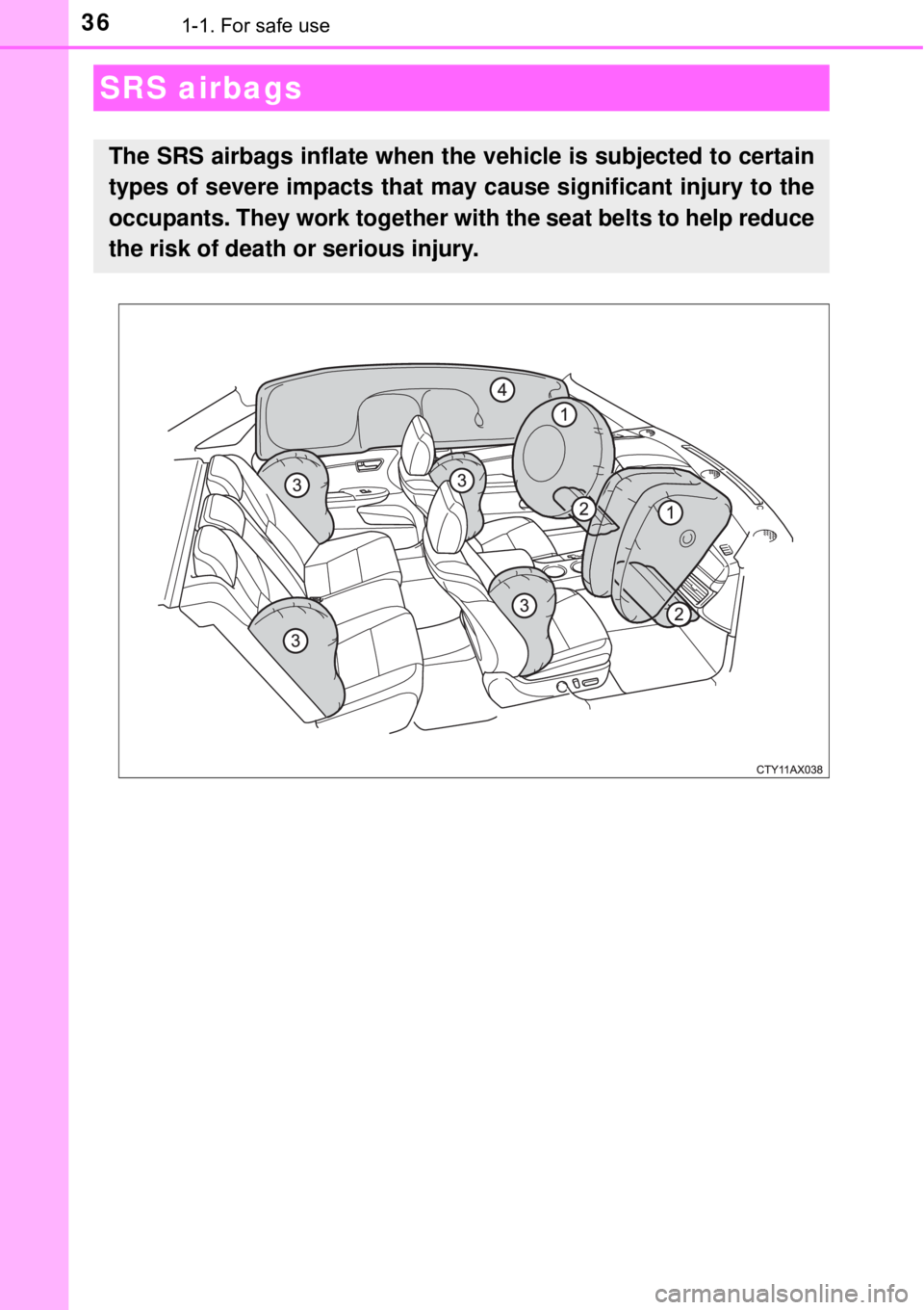 TOYOTA AVALON HYBRID 2018 (in English) Owners Guide 361-1. For safe use
SRS airbags
The SRS airbags inflate when the vehicle is subjected to certain
types of severe impacts that may cause significant injury to the
occupants. They work together with th TOYOTA AVALON HYBRID 2018 (in English) Owners Guide 361-1. For safe use
SRS airbags
The SRS airbags inflate when the vehicle is subjected to certain
types of severe impacts that may cause significant injury to the
occupants. They work together with th