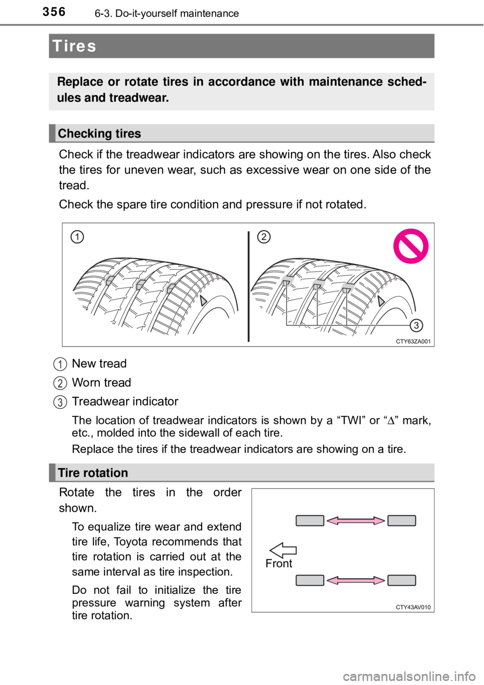 TOYOTA AVALON HYBRID 2018 Owners Manual (in English) 3566-3. Do-it-yourself maintenance
Check if the treadwear indicators are showing on the tires. Also check
the tires for uneven wear, such as excessive wear on one side of the
tread.
Check the spare ti TOYOTA AVALON HYBRID 2018 Owners Manual (in English) 3566-3. Do-it-yourself maintenance
Check if the treadwear indicators are showing on the tires. Also check
the tires for uneven wear, such as excessive wear on one side of the
tread.
Check the spare ti