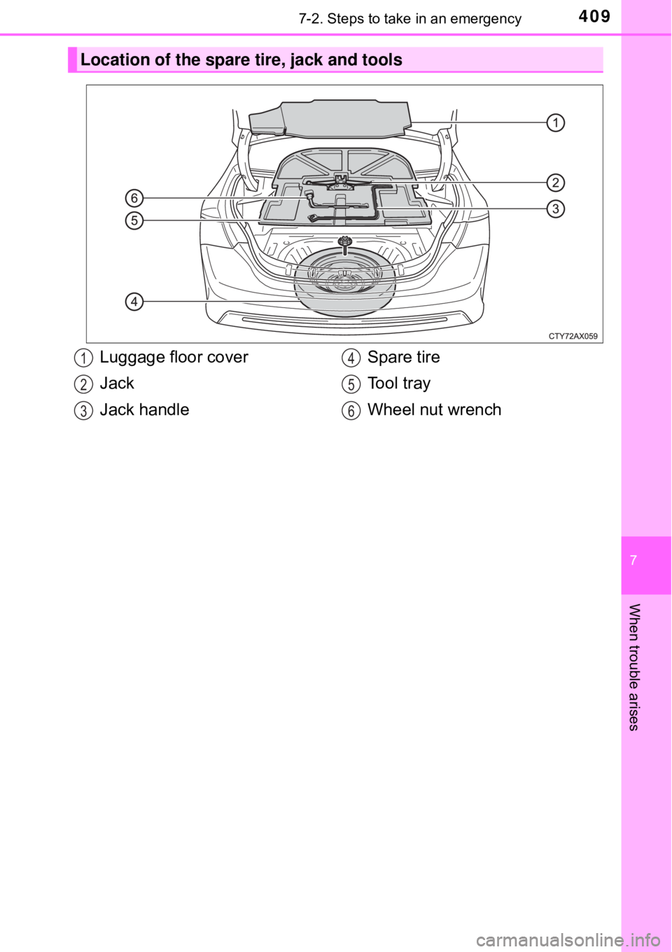 TOYOTA AVALON HYBRID 2018 Owners Manual (in English) 4097-2. Steps to take in an emergency
7
When trouble arises
Location of the spare tire, jack and tools
Luggage floor cover
Jack
Jack handleSpare tire
To o l t r a y
Wheel nut wrench1
2
3
4
5
6 TOYOTA AVALON HYBRID 2018 Owners Manual (in English) 4097-2. Steps to take in an emergency
7
When trouble arises
Location of the spare tire, jack and tools
Luggage floor cover
Jack
Jack handleSpare tire
To o l t r a y
Wheel nut wrench1
2
3
4
5
6