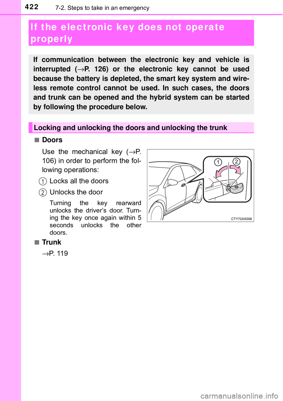 TOYOTA AVALON HYBRID 2018 Owners Manual (in English) 4227-2. Steps to take in an emergency
■Doors
Use the mechanical key (→P.
106) in order to perform the fol-
lowing operations:
Locks all the doors
Unlocks the door
Turning the key rearward
unlocks TOYOTA AVALON HYBRID 2018 Owners Manual (in English) 4227-2. Steps to take in an emergency
■Doors
Use the mechanical key (→P.
106) in order to perform the fol-
lowing operations:
Locks all the doors
Unlocks the door
Turning the key rearward
unlocks