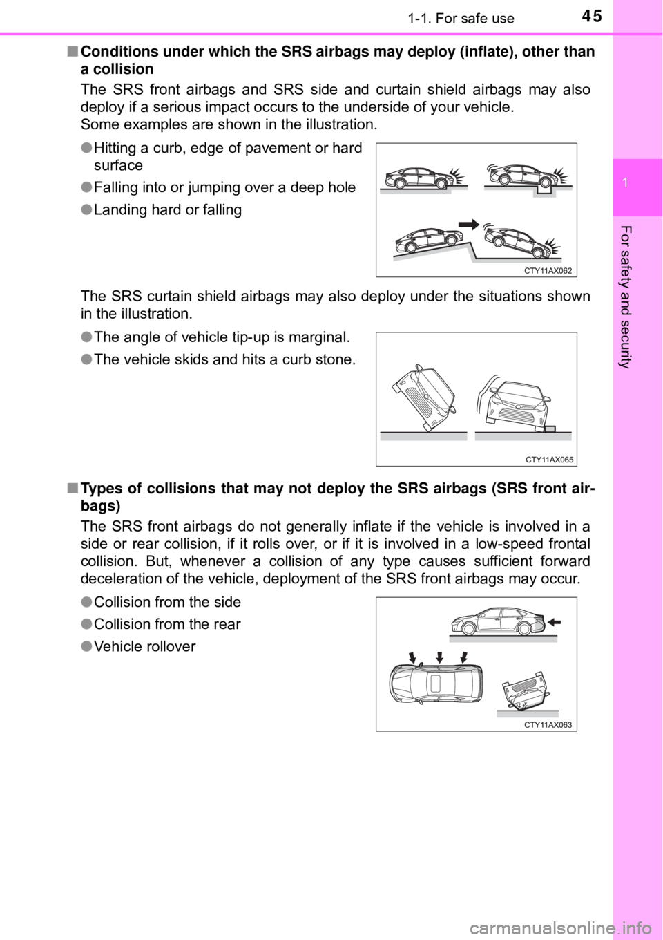 TOYOTA AVALON HYBRID 2018 (in English) Service Manual 451-1. For safe use
1
For safety and security
■Conditions under which the SRS airbags may deploy (inflate), other than
a collision
The SRS front airbags and SRS side and curtain shield airbags may TOYOTA AVALON HYBRID 2018 (in English) Service Manual 451-1. For safe use
1
For safety and security
■Conditions under which the SRS airbags may deploy (inflate), other than
a collision
The SRS front airbags and SRS side and curtain shield airbags may