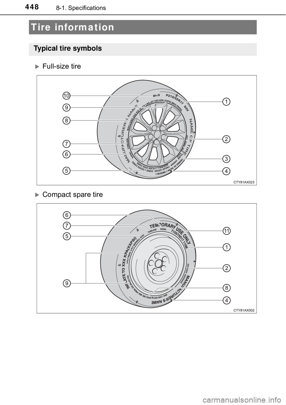 TOYOTA AVALON HYBRID 2018 Owners Manual (in English) 4488-1. Specifications
Full-size tire
Compact spare tire
Tire information
Typical tire symbols TOYOTA AVALON HYBRID 2018 Owners Manual (in English) 4488-1. Specifications
Full-size tire
Compact spare tire
Tire information
Typical tire symbols