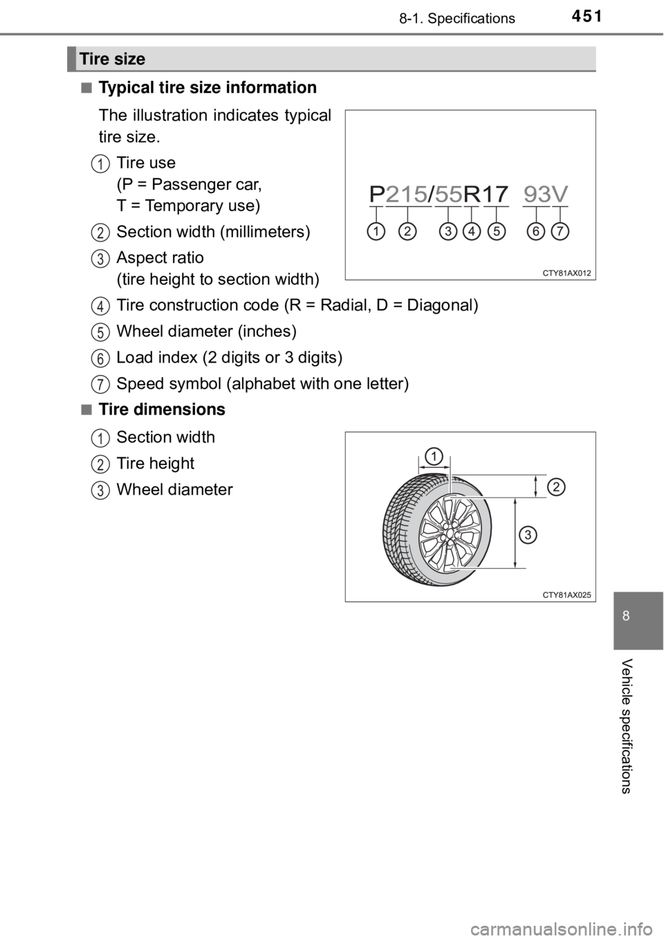 TOYOTA AVALON HYBRID 2018 Owners Manual (in English) 4518-1. Specifications
8
Vehicle specifications
■Typical tire size information
The illustration indicates typical
tire size.
Tire use
(P = Passenger car,
T = Temporary use)
Section width (millimet TOYOTA AVALON HYBRID 2018 Owners Manual (in English) 4518-1. Specifications
8
Vehicle specifications
■Typical tire size information
The illustration indicates typical
tire size.
Tire use
(P = Passenger car,
T = Temporary use)
Section width (millimet