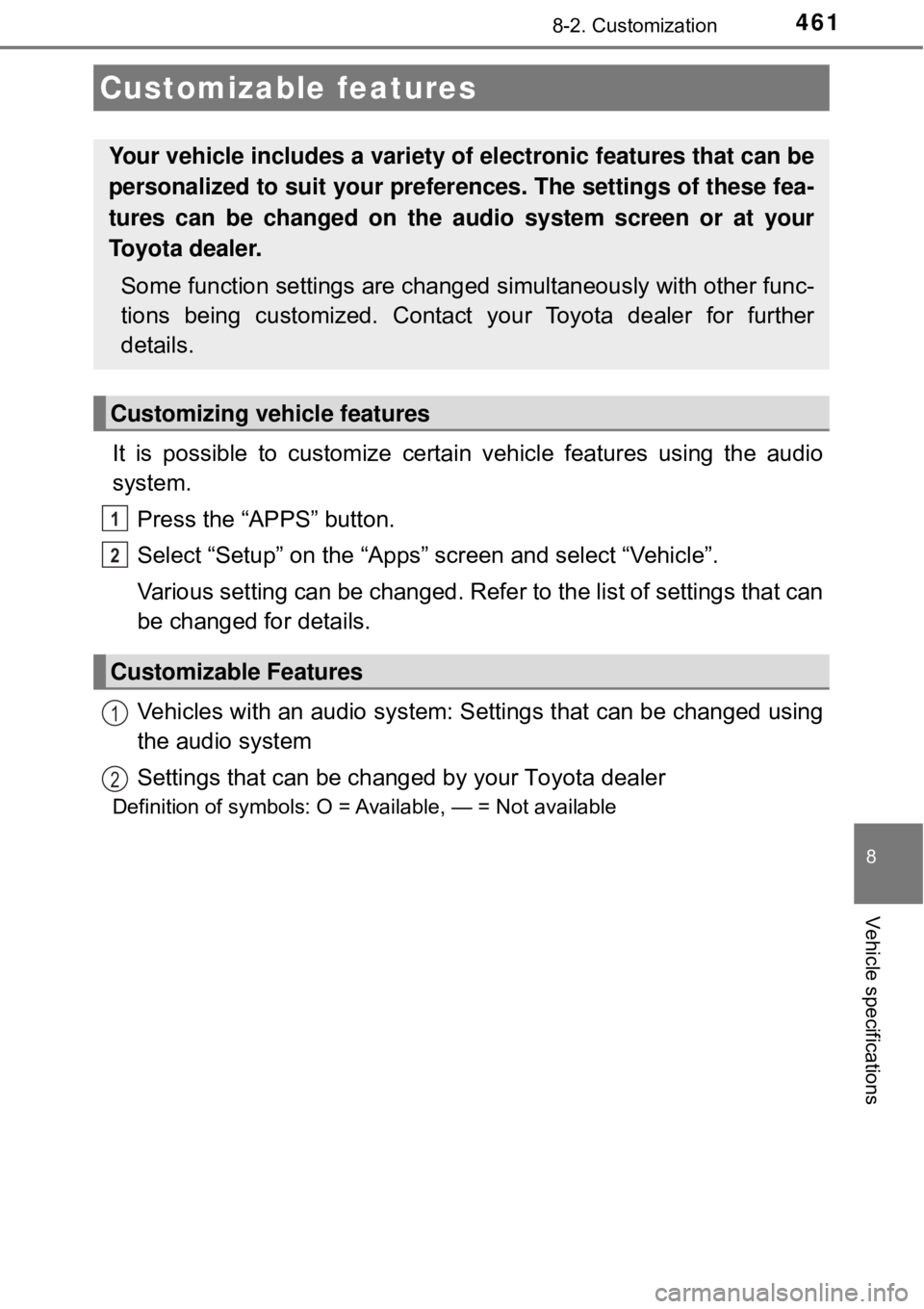 TOYOTA AVALON HYBRID 2018 Owners Manual (in English) 461
8
Vehicle specifications
8-2. Customization
It is possible to customize certain vehicle features using the audio
system.Press the “APPS” button.
Select “Setup” on the “Apps” screen and TOYOTA AVALON HYBRID 2018 Owners Manual (in English) 461
8
Vehicle specifications
8-2. Customization
It is possible to customize certain vehicle features using the audio
system.Press the “APPS” button.
Select “Setup” on the “Apps” screen and