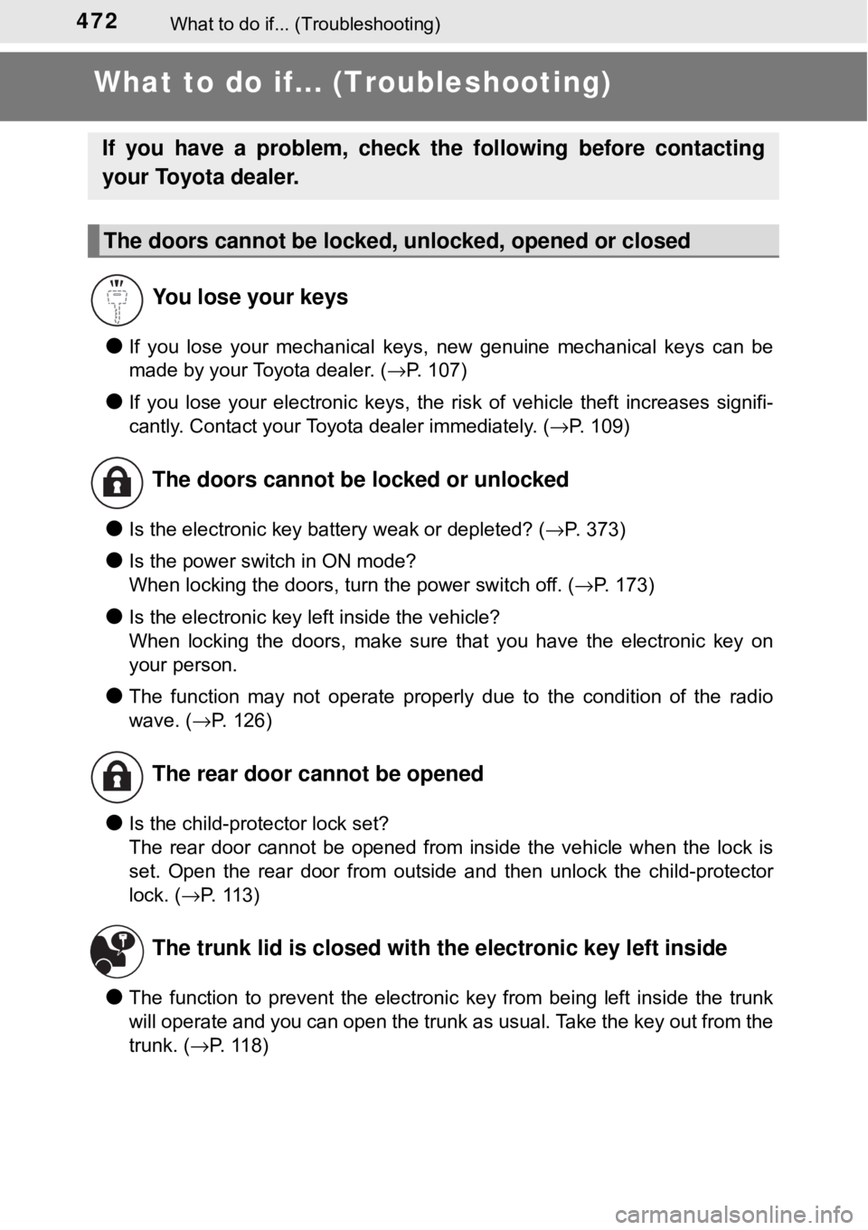 TOYOTA AVALON HYBRID 2018 Owners Manual (in English) 472What to do if... (Troubleshooting)
What to do if... (Troubleshooting)
●If you lose your mechanical keys, new genuine mechanical keys can be
made by your Toyota dealer. ( →P. 107)
●If you lose TOYOTA AVALON HYBRID 2018 Owners Manual (in English) 472What to do if... (Troubleshooting)
What to do if... (Troubleshooting)
●If you lose your mechanical keys, new genuine mechanical keys can be
made by your Toyota dealer. ( →P. 107)
●If you lose