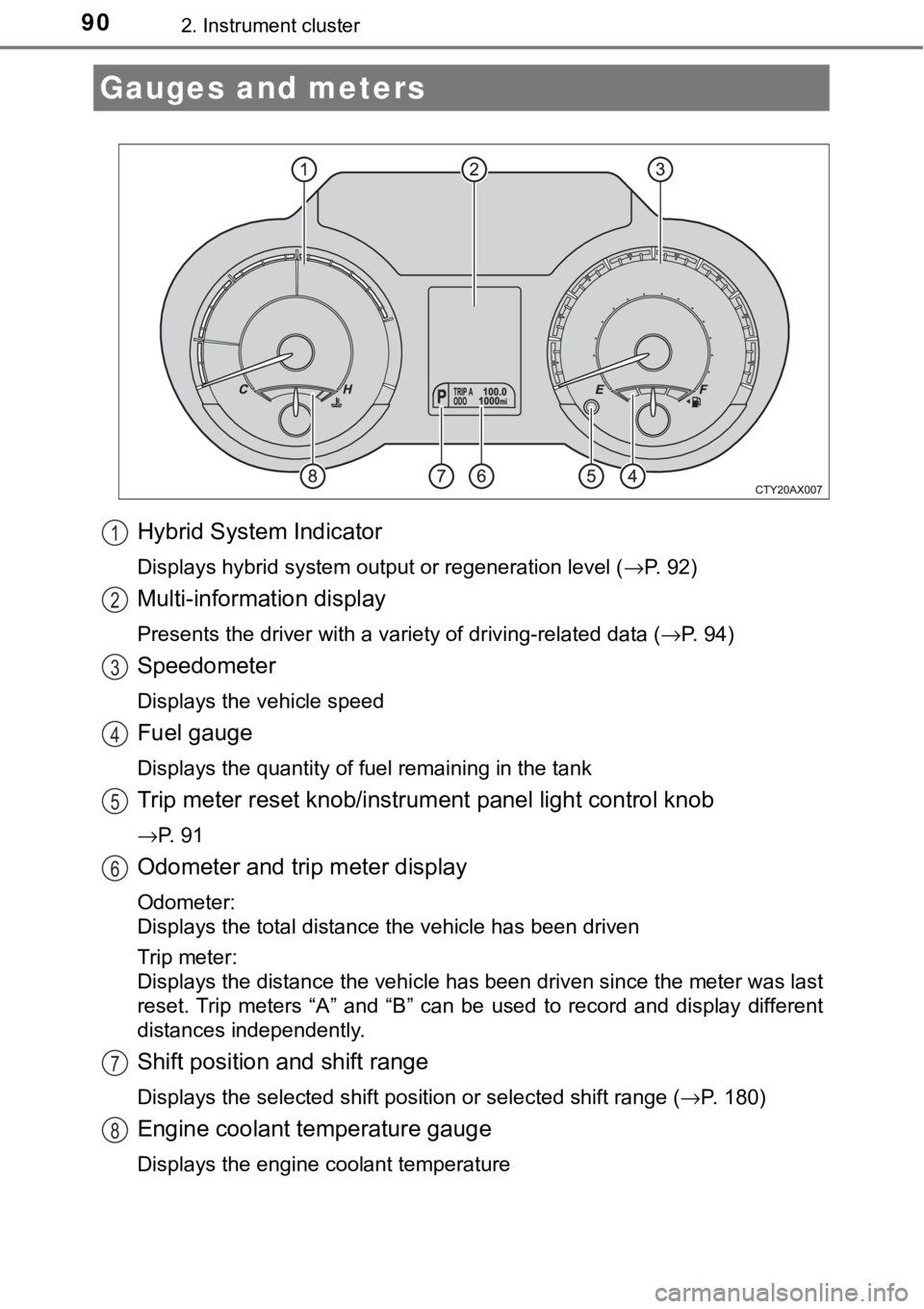 TOYOTA AVALON HYBRID 2018   (in English) Manual Online 902. Instrument cluster
Hybrid System Indicator
Displays hybrid system output or regeneration level (→P. 92)
Multi-information display
Presents the driver with a variety of driving-related data (→