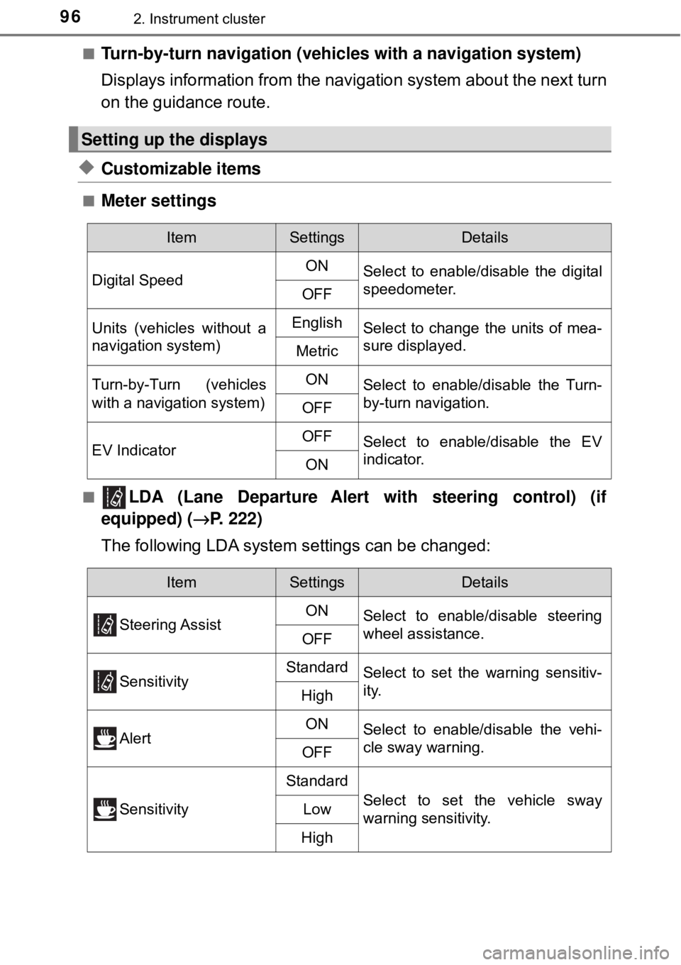 TOYOTA AVALON HYBRID 2018 Owners Manual (in English) 962. Instrument cluster
■Turn-by-turn navigation (vehicles with a navigation system)
Displays information from the navi gation system about the next turn
on the guidance route.
◆Customizable item TOYOTA AVALON HYBRID 2018 Owners Manual (in English) 962. Instrument cluster
■Turn-by-turn navigation (vehicles with a navigation system)
Displays information from the navi gation system about the next turn
on the guidance route.
◆Customizable item