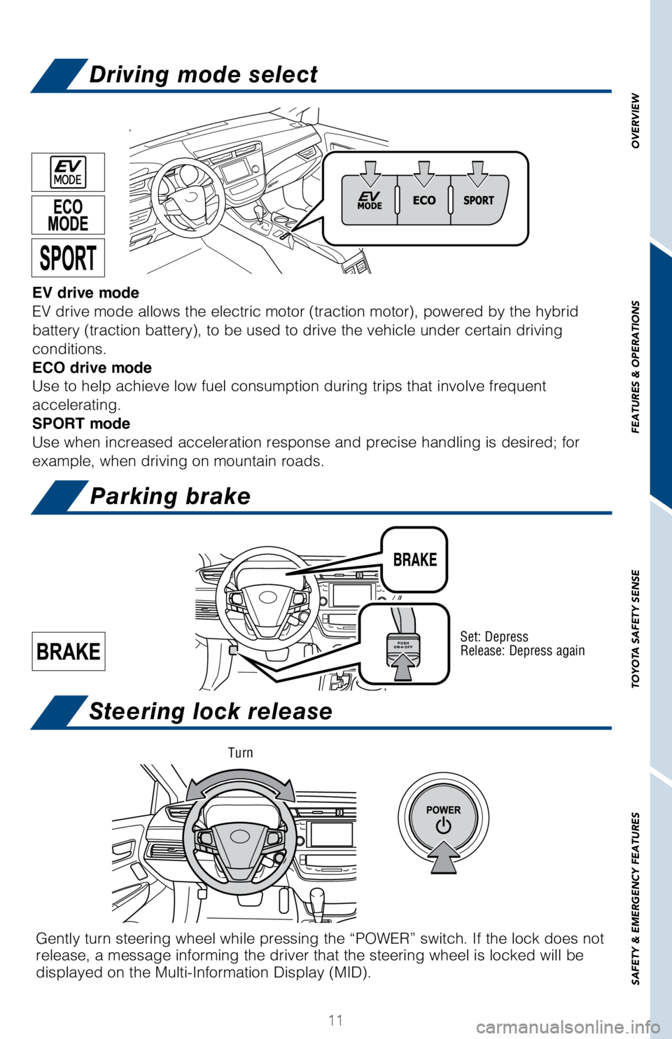 TOYOTA AVALON HYBRID 2018 Owners Manual (in English) OVERVIEW
FEATURES & OPERATIONS
TOYOTA SAFETY SENSE
SAFETY & EMERGENCY FEATURES
11
Parking brake
Driving mode select
Steering lock release
Set: Depress
Release: Depress again
Gently turn steering wheel TOYOTA AVALON HYBRID 2018 Owners Manual (in English) OVERVIEW
FEATURES & OPERATIONS
TOYOTA SAFETY SENSE
SAFETY & EMERGENCY FEATURES
11
Parking brake
Driving mode select
Steering lock release
Set: Depress
Release: Depress again
Gently turn steering wheel
