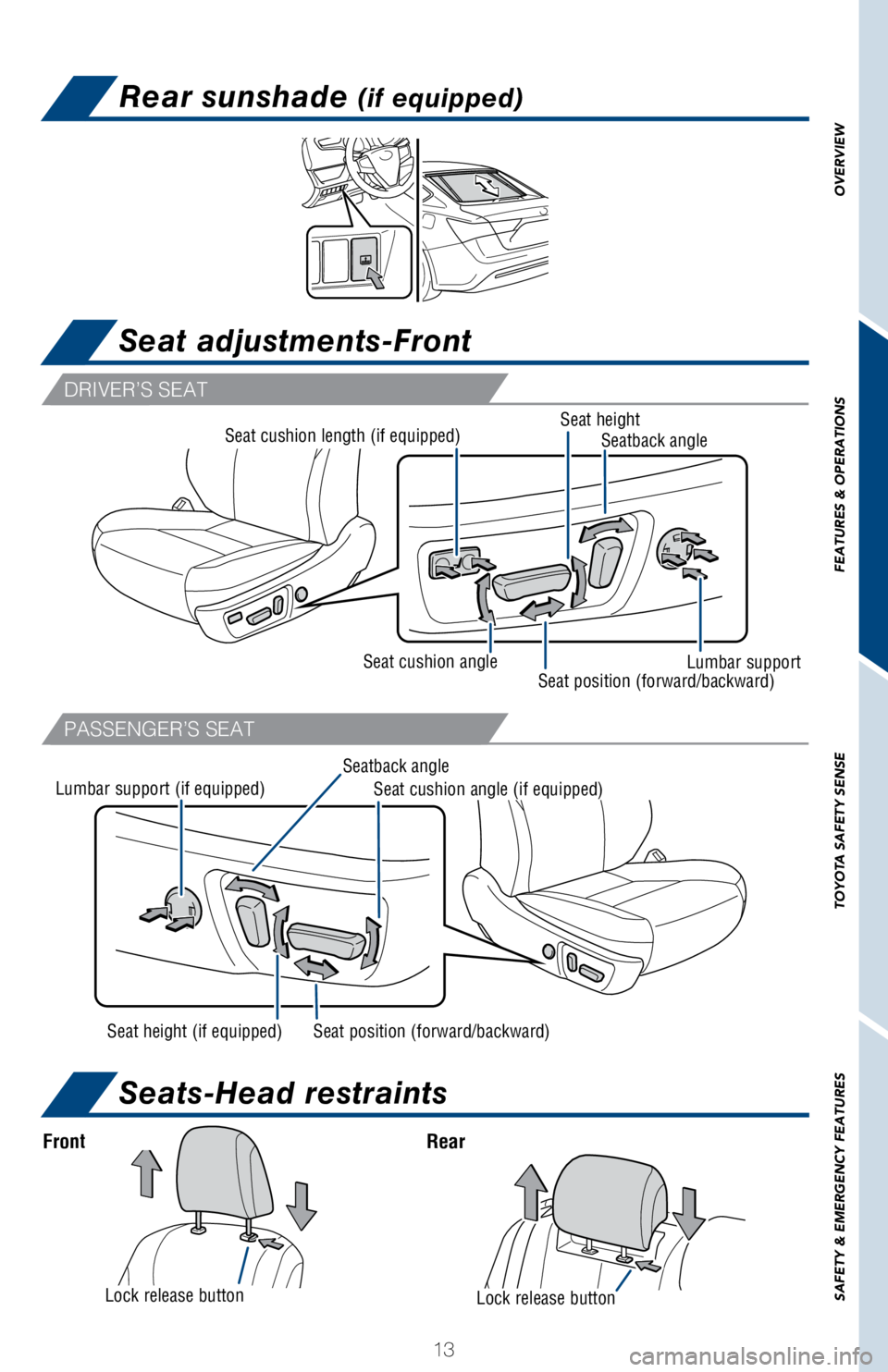TOYOTA AVALON HYBRID 2018 (in English) User Guide OVERVIEW
FEATURES & OPERATIONS
TOYOTA SAFETY SENSE
SAFETY & EMERGENCY FEATURES
13
Seats-Head restraints
Rear sunshade (if equipped)
Seat adjustments-Front
Lock release buttonLock release button
Seat p TOYOTA AVALON HYBRID 2018 (in English) User Guide OVERVIEW
FEATURES & OPERATIONS
TOYOTA SAFETY SENSE
SAFETY & EMERGENCY FEATURES
13
Seats-Head restraints
Rear sunshade (if equipped)
Seat adjustments-Front
Lock release buttonLock release button
Seat p