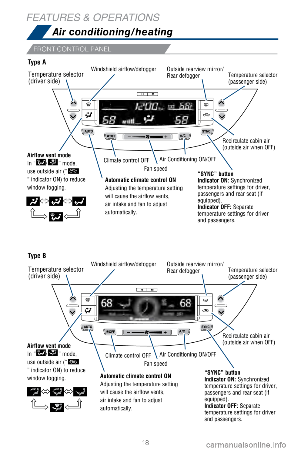 TOYOTA AVALON HYBRID 2018 (in English) User Guide 18
FEATURES & OPERATIONS
FRONT CONTROL PANEL
Type A
Type B
Temperature selector
(driver side)
Temperature selector
(driver side)Windshield airflow/defogger
Windshield airflow/defoggerAir Conditionin TOYOTA AVALON HYBRID 2018 (in English) User Guide 18
FEATURES & OPERATIONS
FRONT CONTROL PANEL
Type A
Type B
Temperature selector
(driver side)
Temperature selector
(driver side)Windshield airflow/defogger
Windshield airflow/defoggerAir Conditionin
