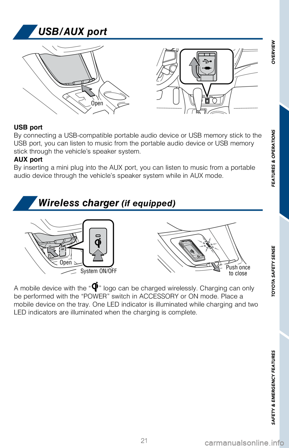 TOYOTA AVALON HYBRID 2018  Owners Manual (in English) 21
OVERVIEW
FEATURES & OPERATIONS
TOYOTA SAFETY SENSE
SAFETY & EMERGENCY FEATURES
Wireless charger (if equipped)
USB/AUX port
USB port
By connecting a USB-compatible portable audio device or USB memor